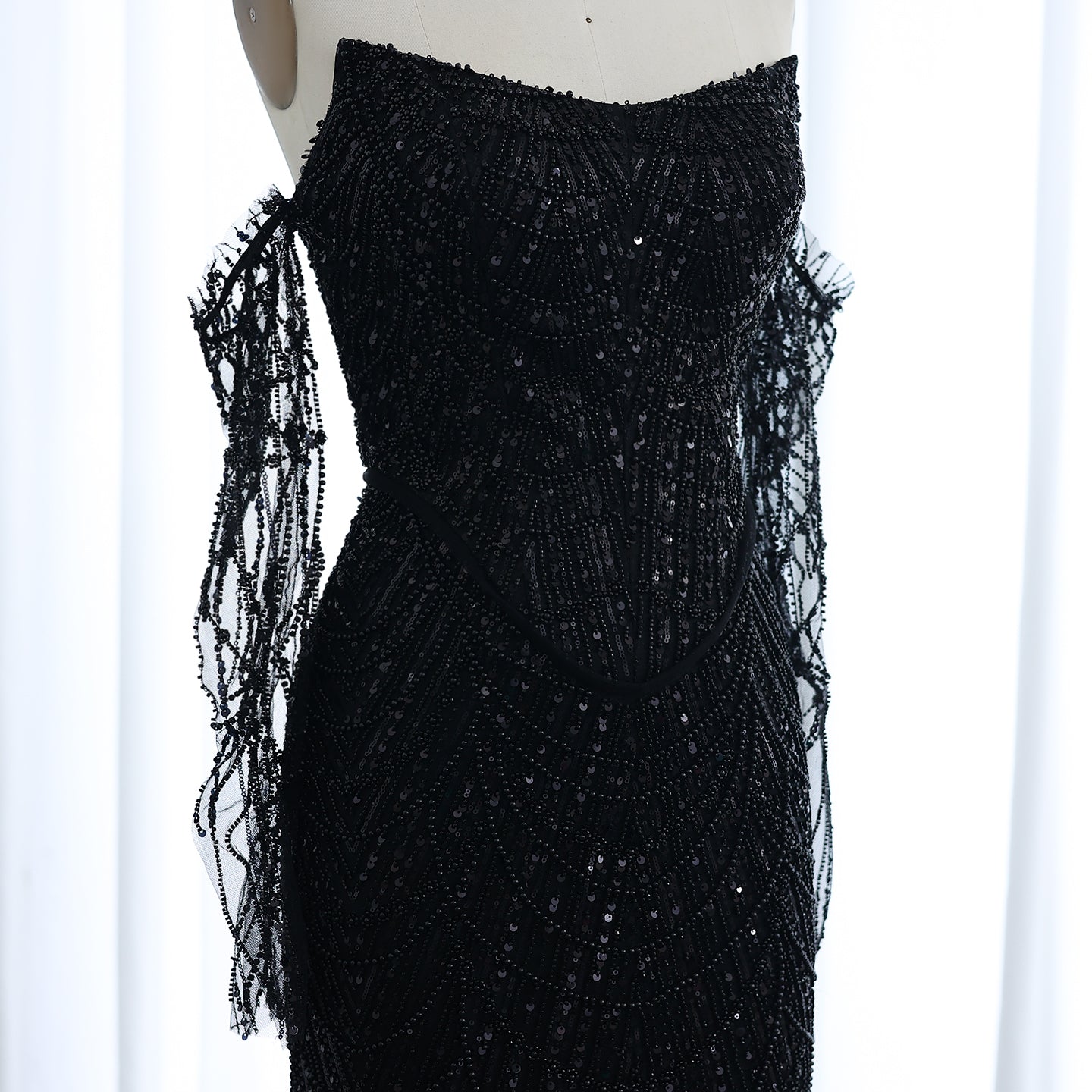 Luxury Beaded Black Strapless Evening Dress with Sleeves SS685
