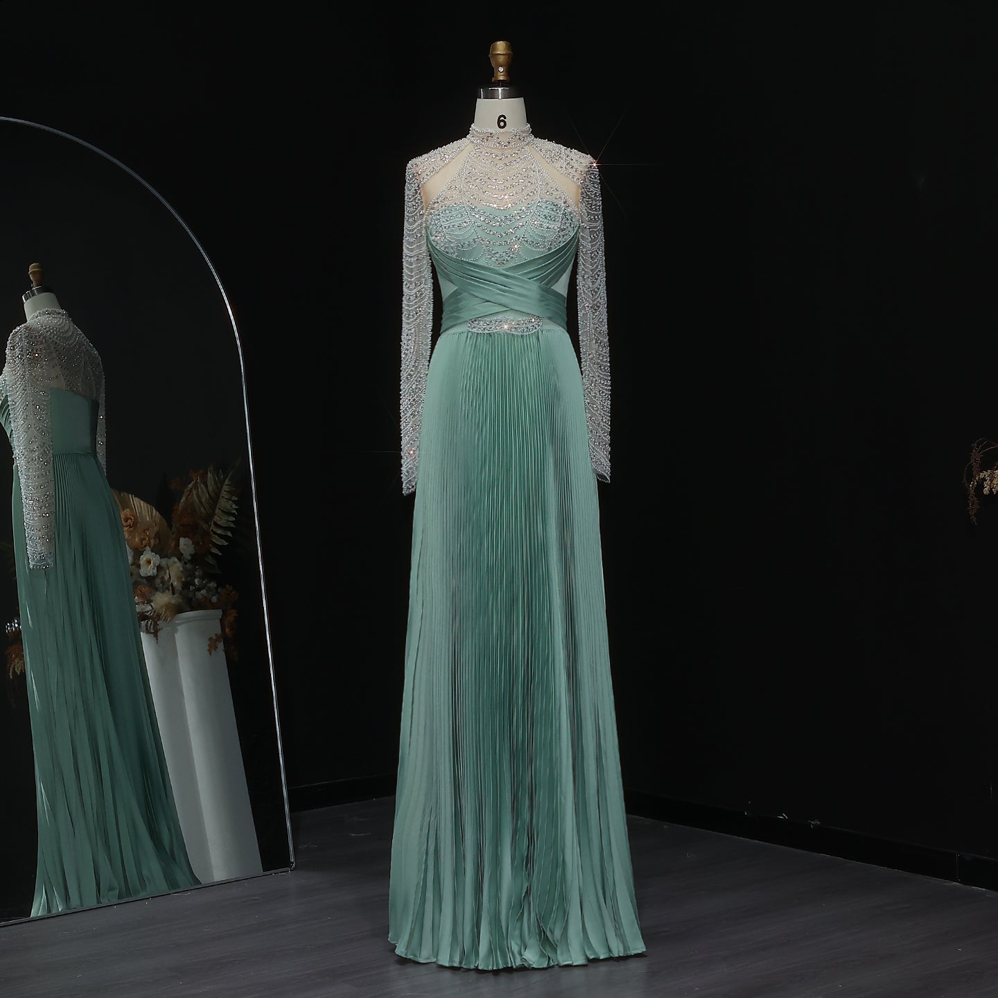 Chic Green Pleated Evening Dress with Beaded Long Sleeves SS674  Green / US 20