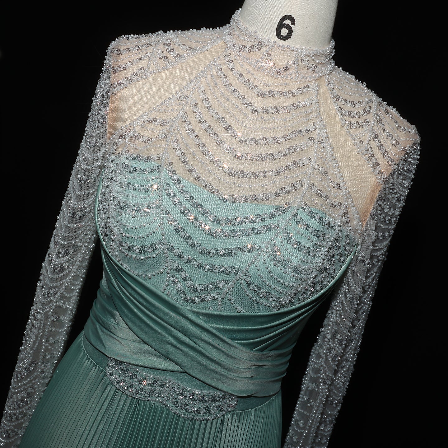 Chic Green Pleated Evening Dress with Beaded Long Sleeves SS674