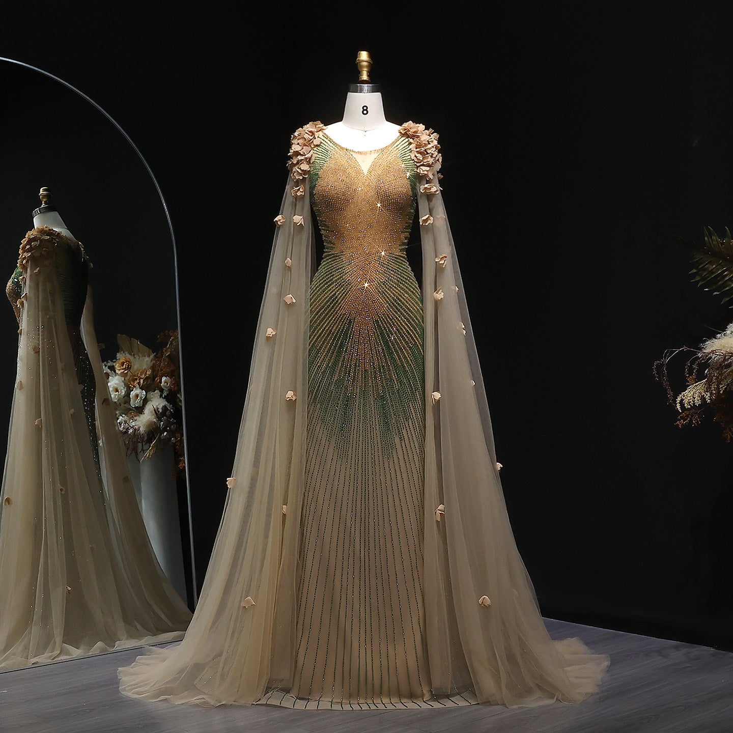 Luxury Beaded 3D flowers Evening Dress with Cape SS022