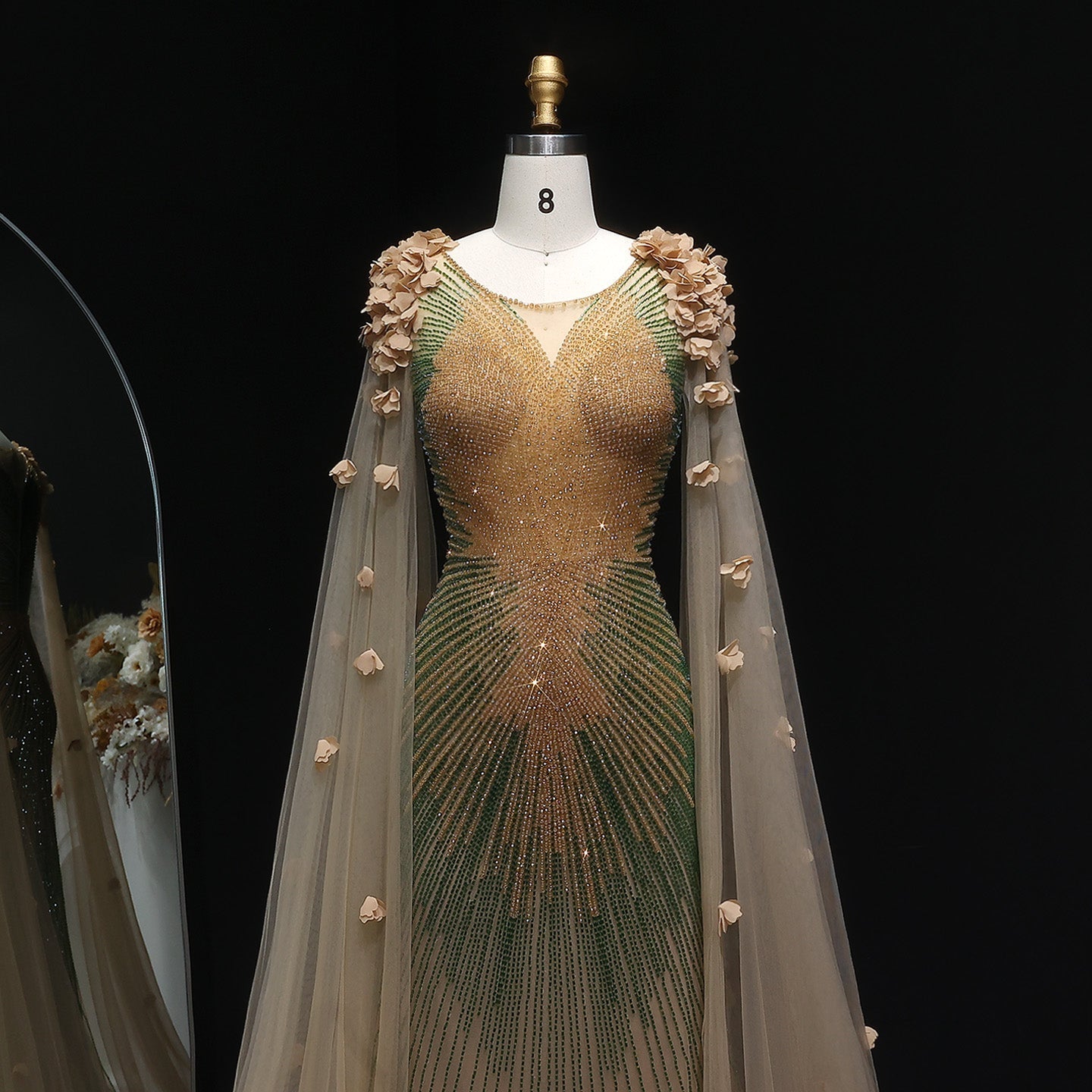 Luxury Beaded 3D flowers Evening Dress with Cape SS022