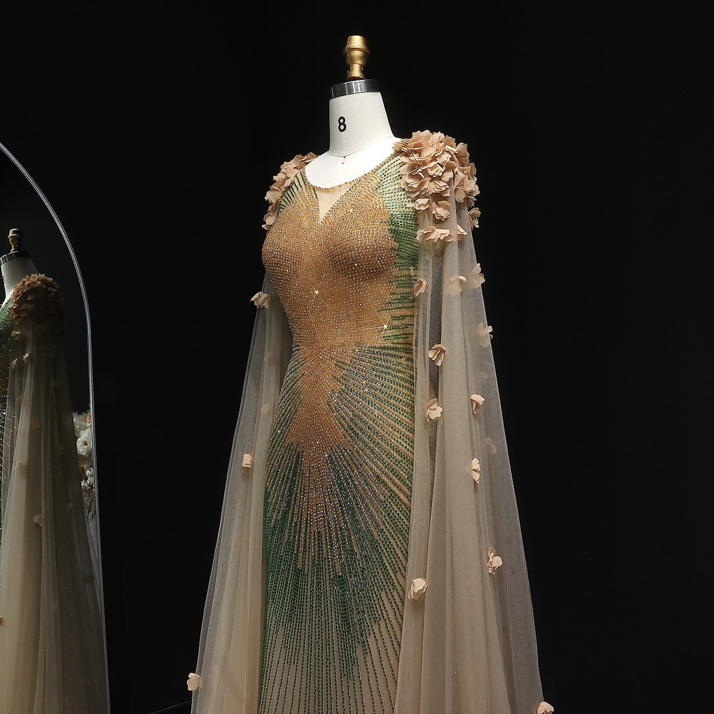 Luxury Beaded 3D flowers Evening Dress with Cape SS022