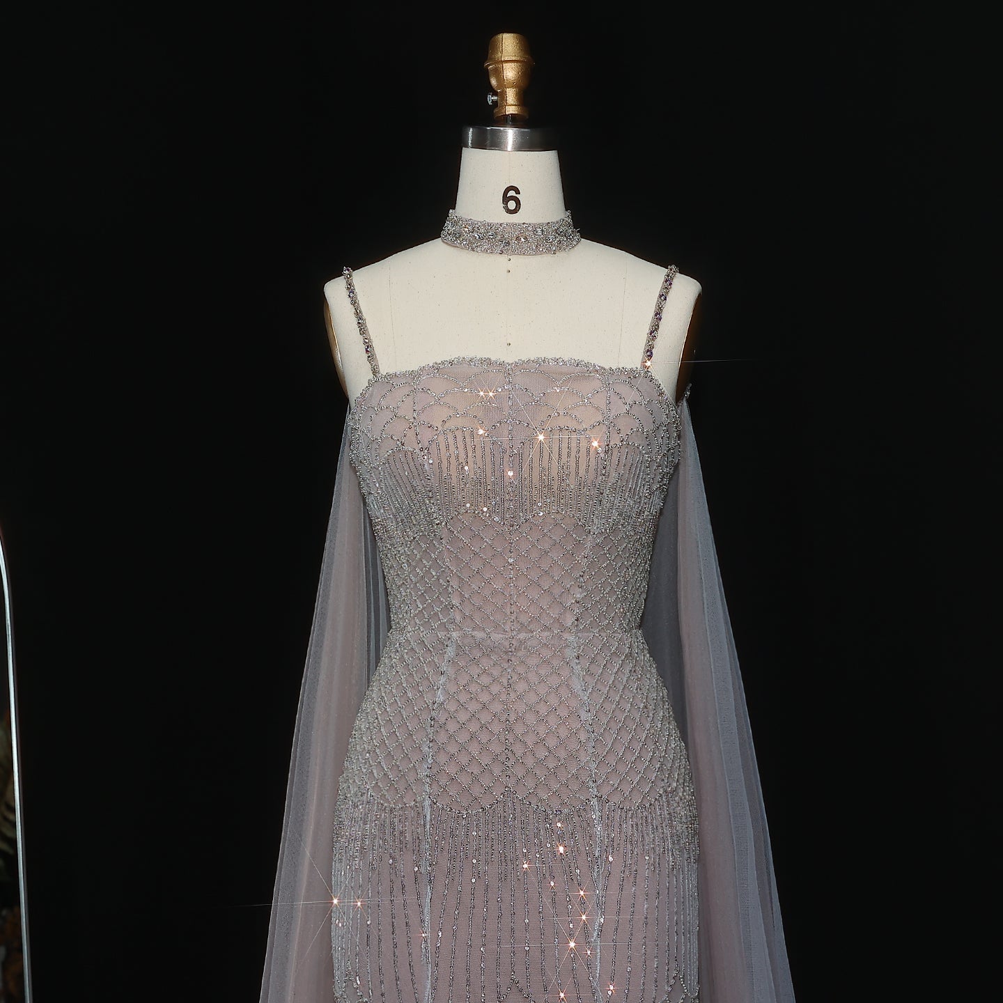 Elegant Beaded Lotus Pink Evening Dress with Sheer Cape Choker SS509