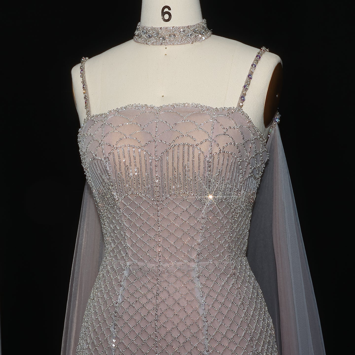 Elegant Beaded Lotus Pink Evening Dress with Sheer Cape Choker SS509