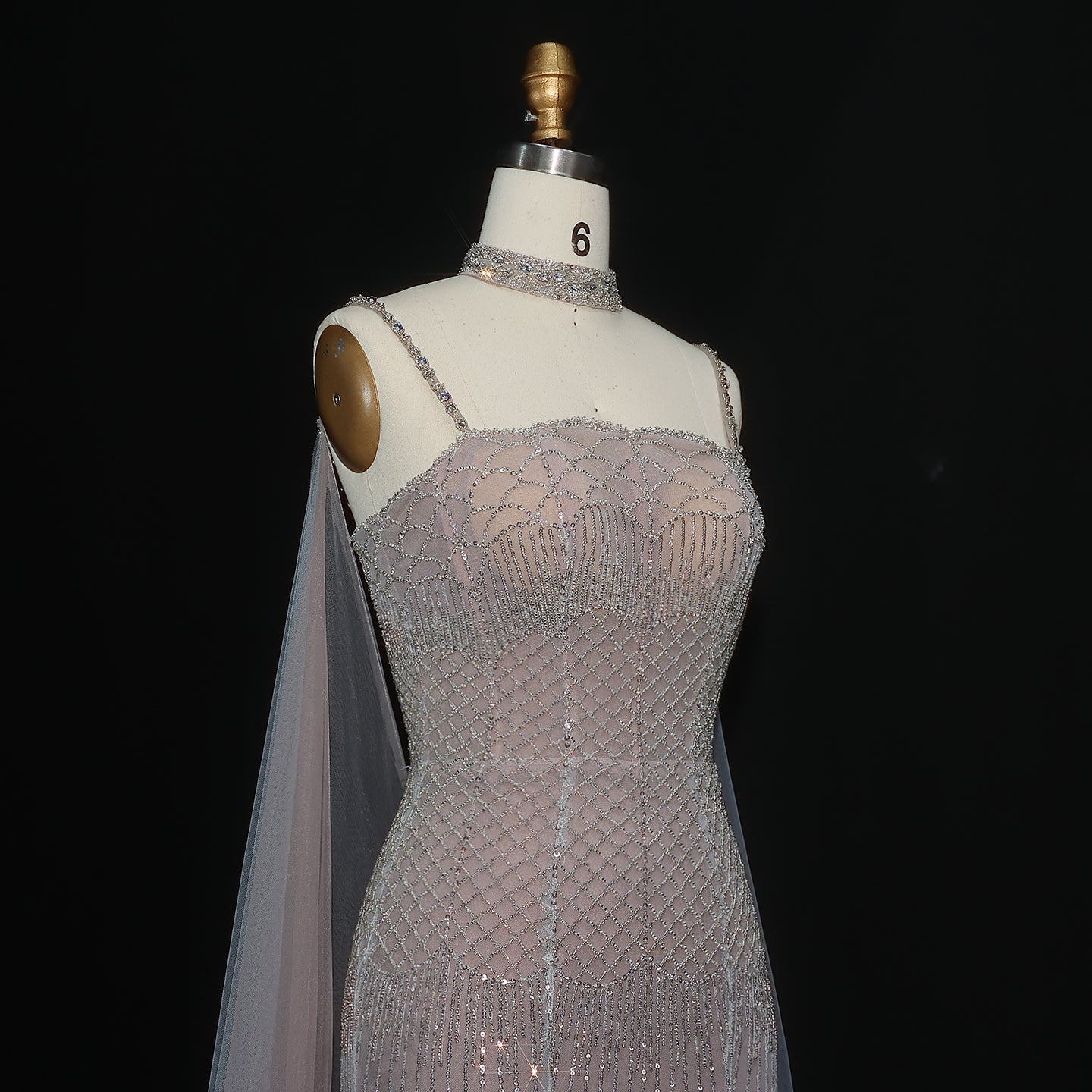 Elegant Beaded Lotus Pink Evening Dress with Sheer Cape Choker SS509