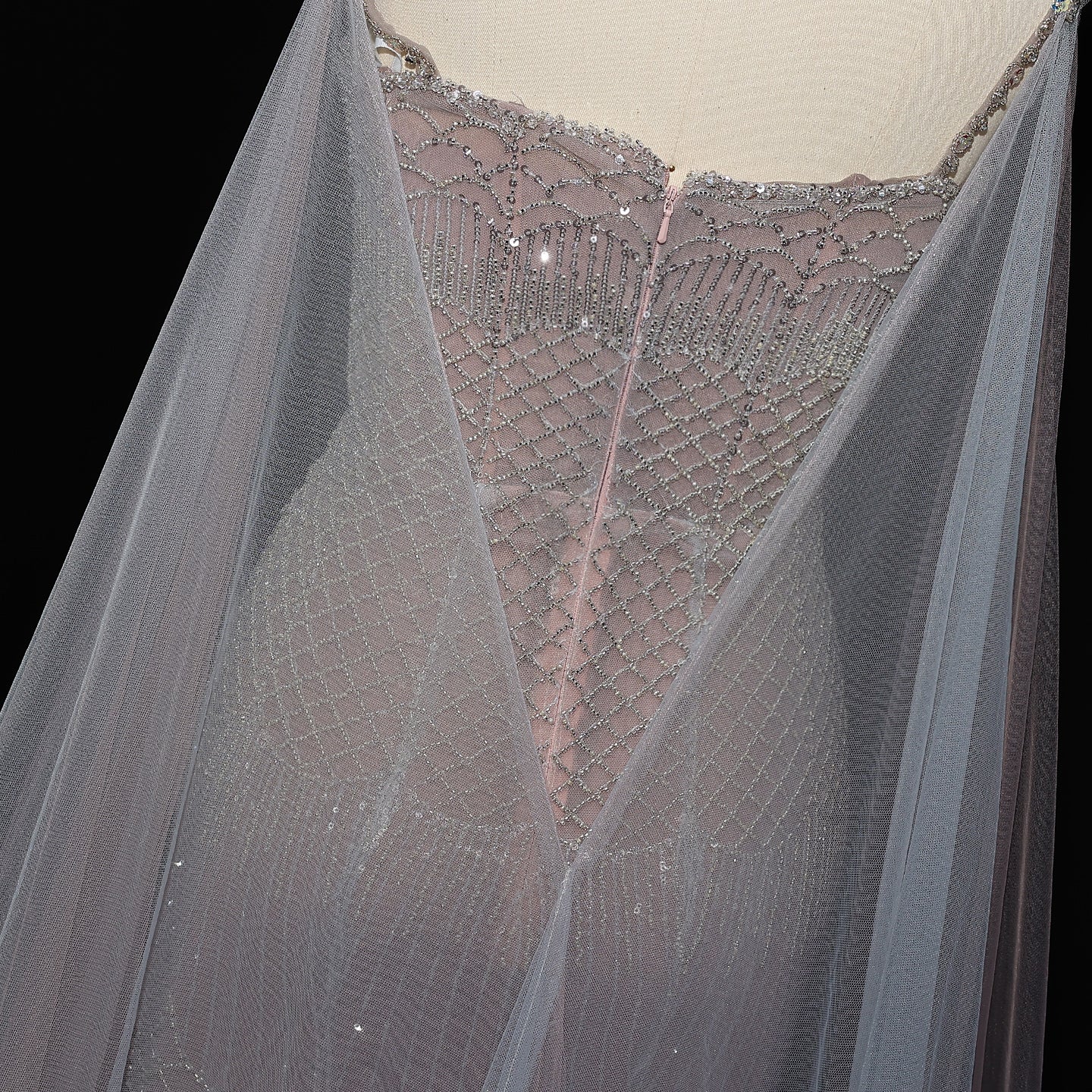 Elegant Beaded Lotus Pink Evening Dress with Sheer Cape Choker SS509