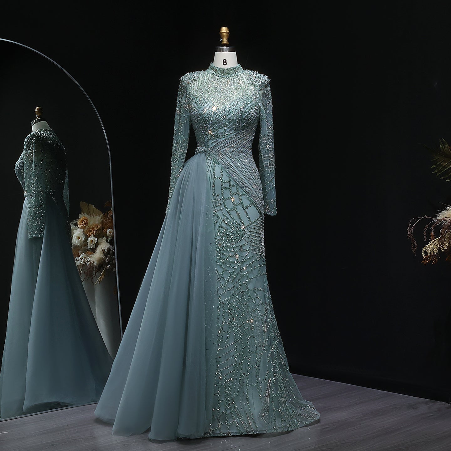 Glamorous Beaded Turquoise Evening Dress with Overskirt SS064