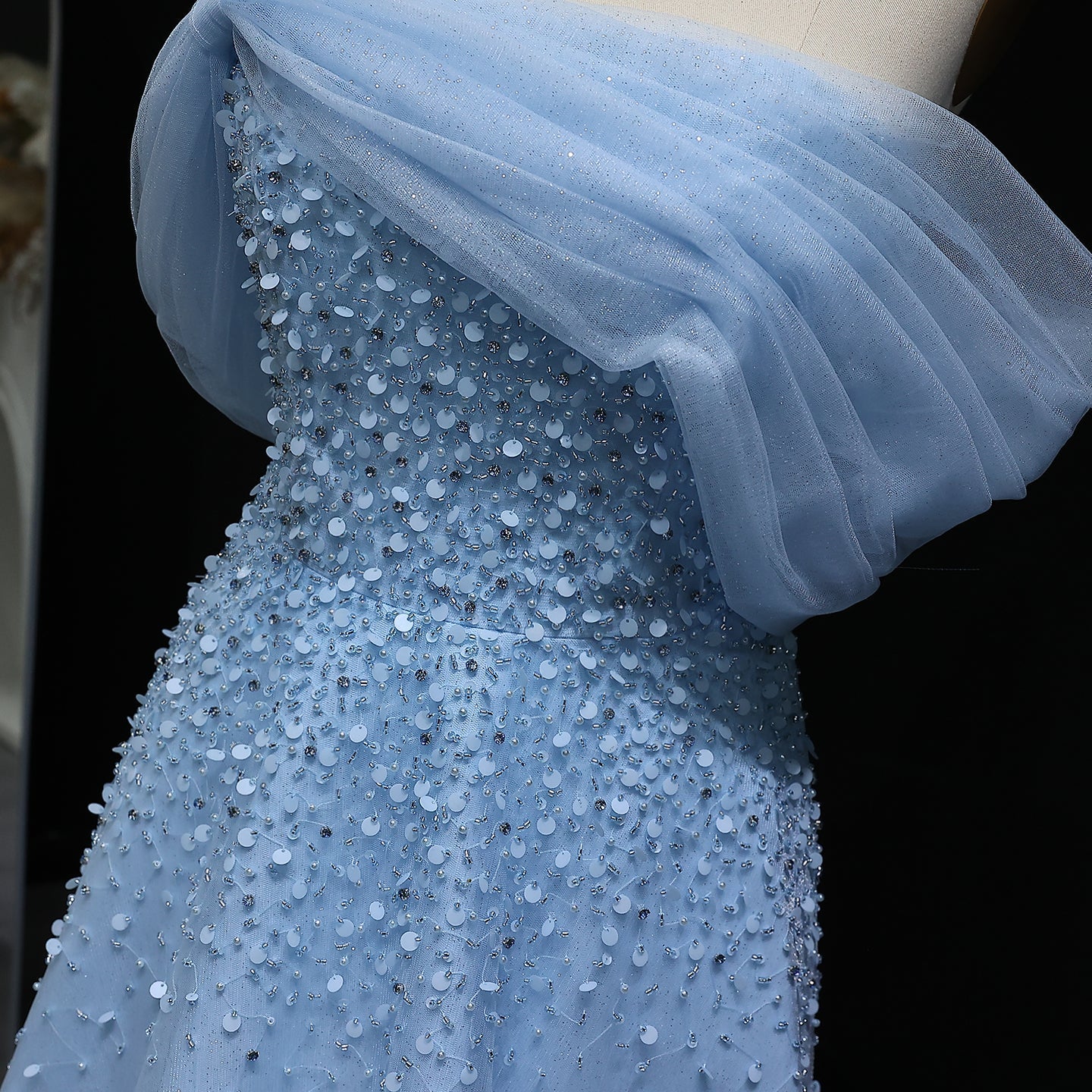 Luxury Beaded Blue Off Shoulder Evening Dress SS510