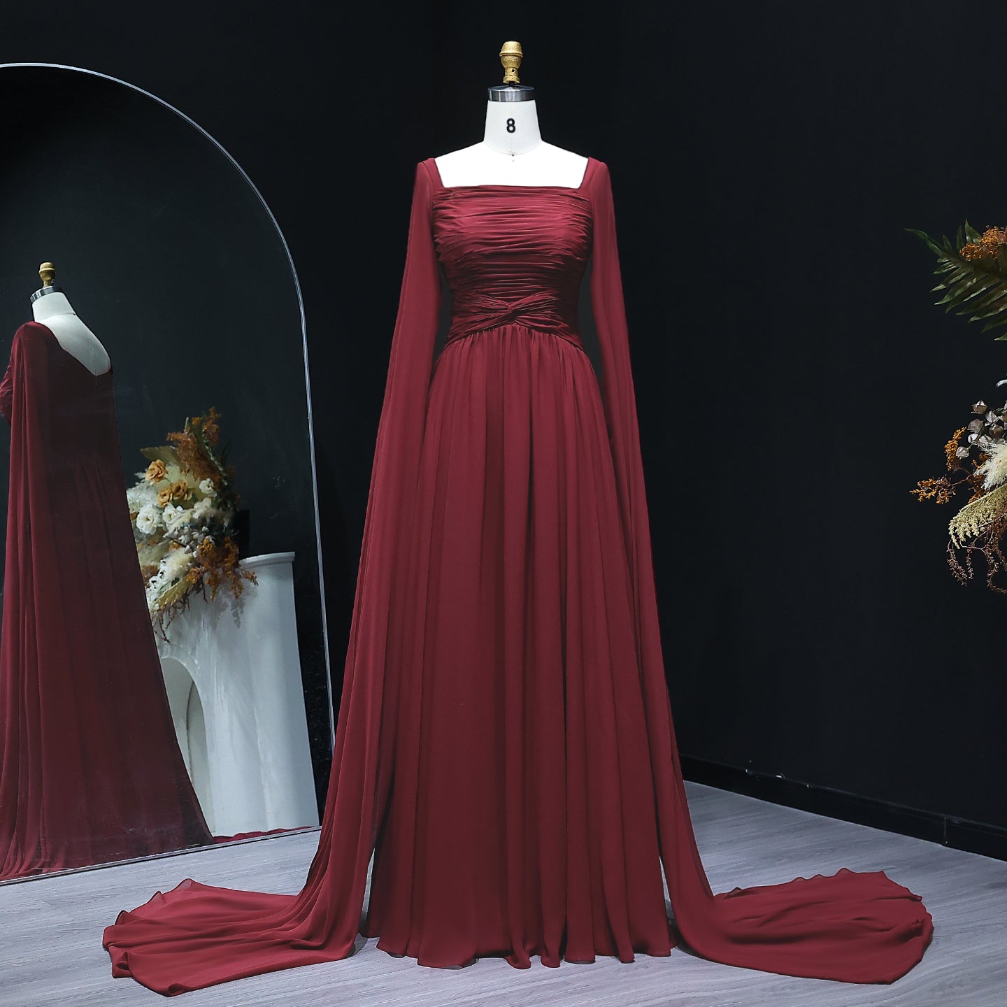 Elegant Red Chiffon Evening Dresses with Cape Sleeves SF032  Burgundy / US 16