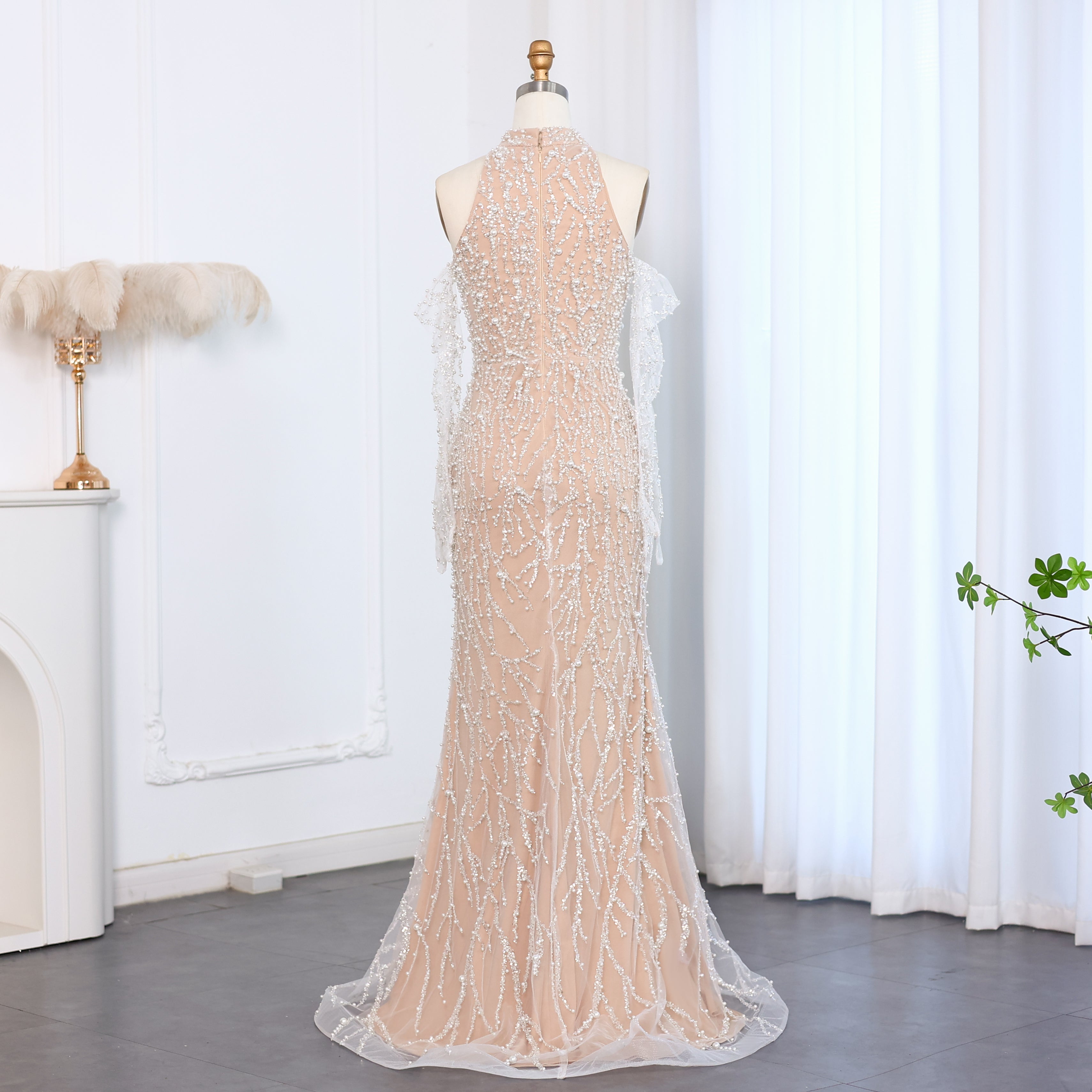 Luxury Beaded Nude Evening Dress with Gloves SS677