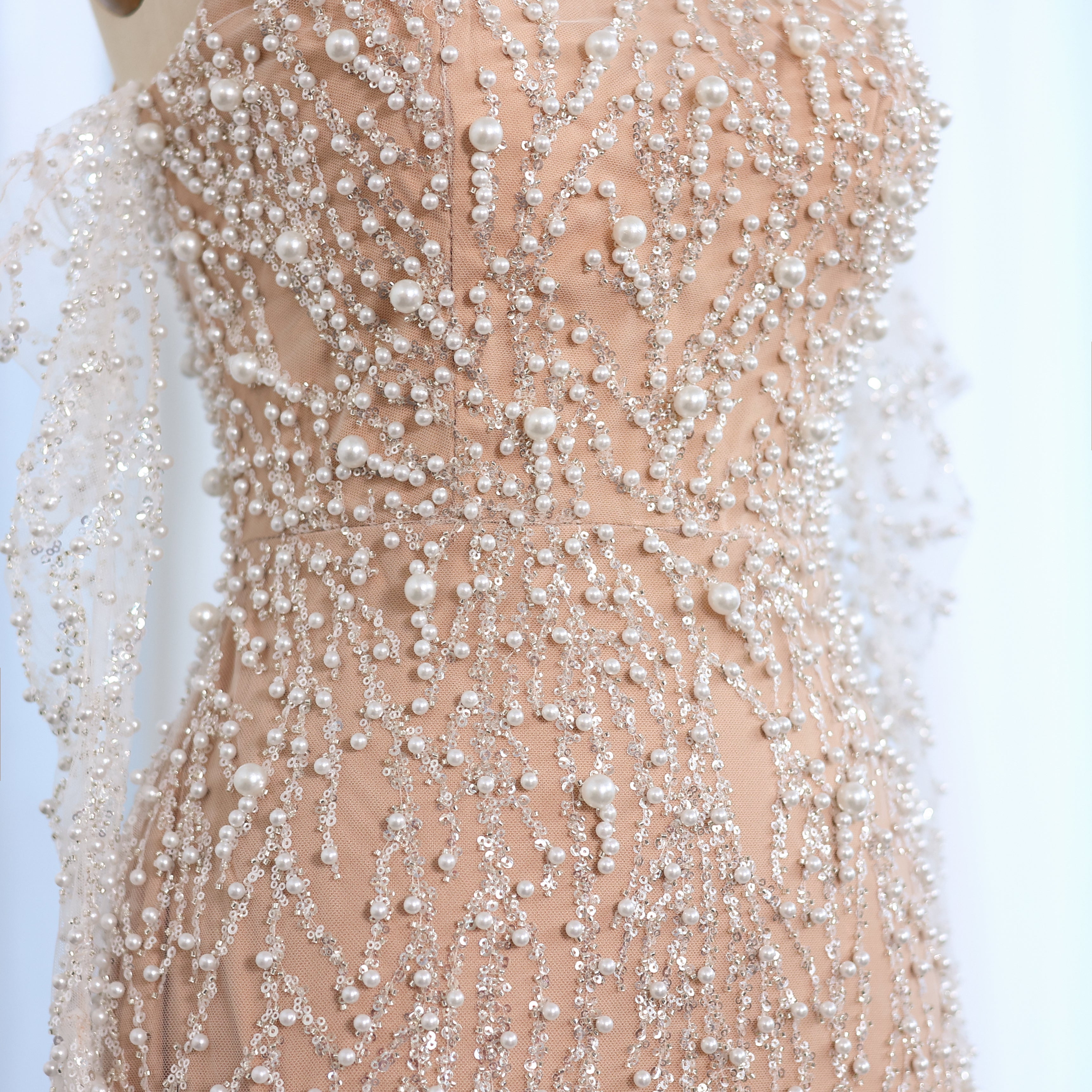 Luxury Beaded Nude Evening Dress with Gloves SS677