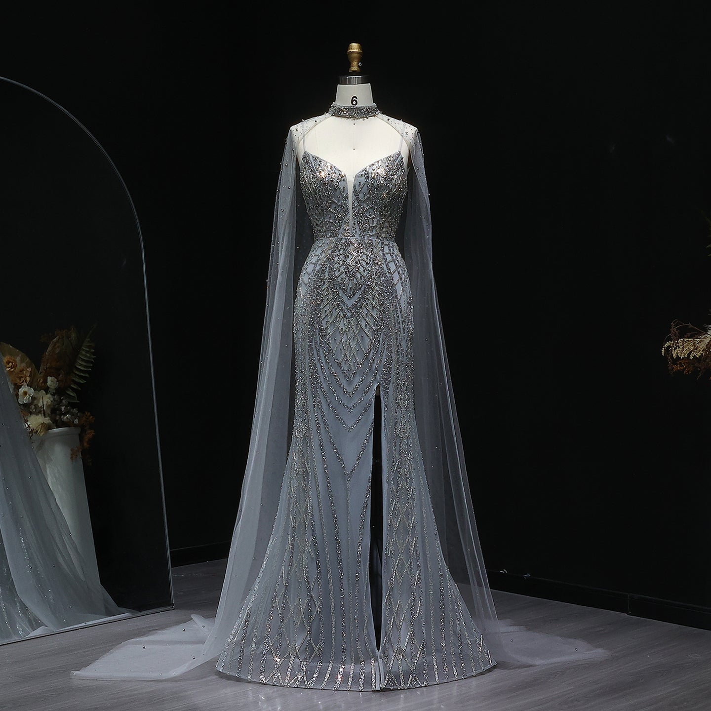 Glamorous Beaded Brown Evening Dress with Sheer Cape Side Slit SS055  Silver Gray / US 18