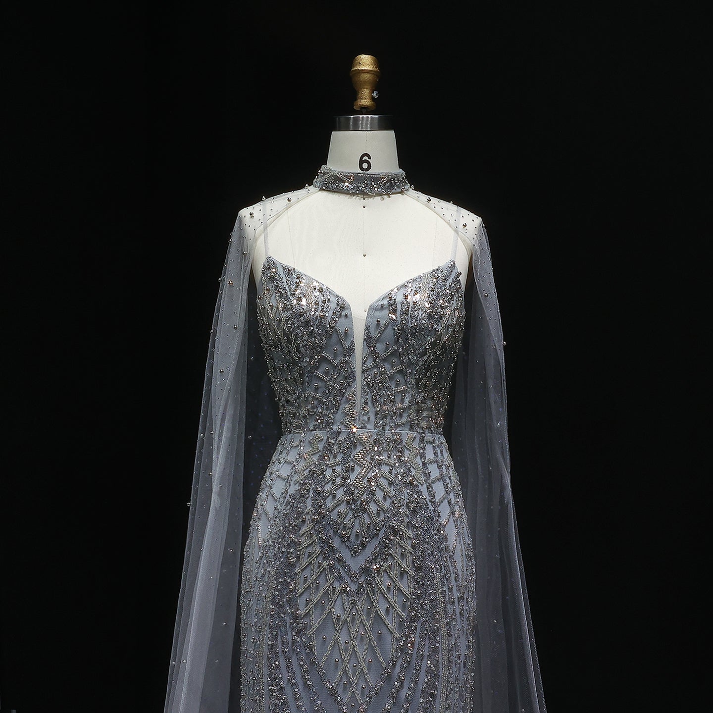 Glamorous Beaded Brown Evening Dress with Sheer Cape Side Slit SS055