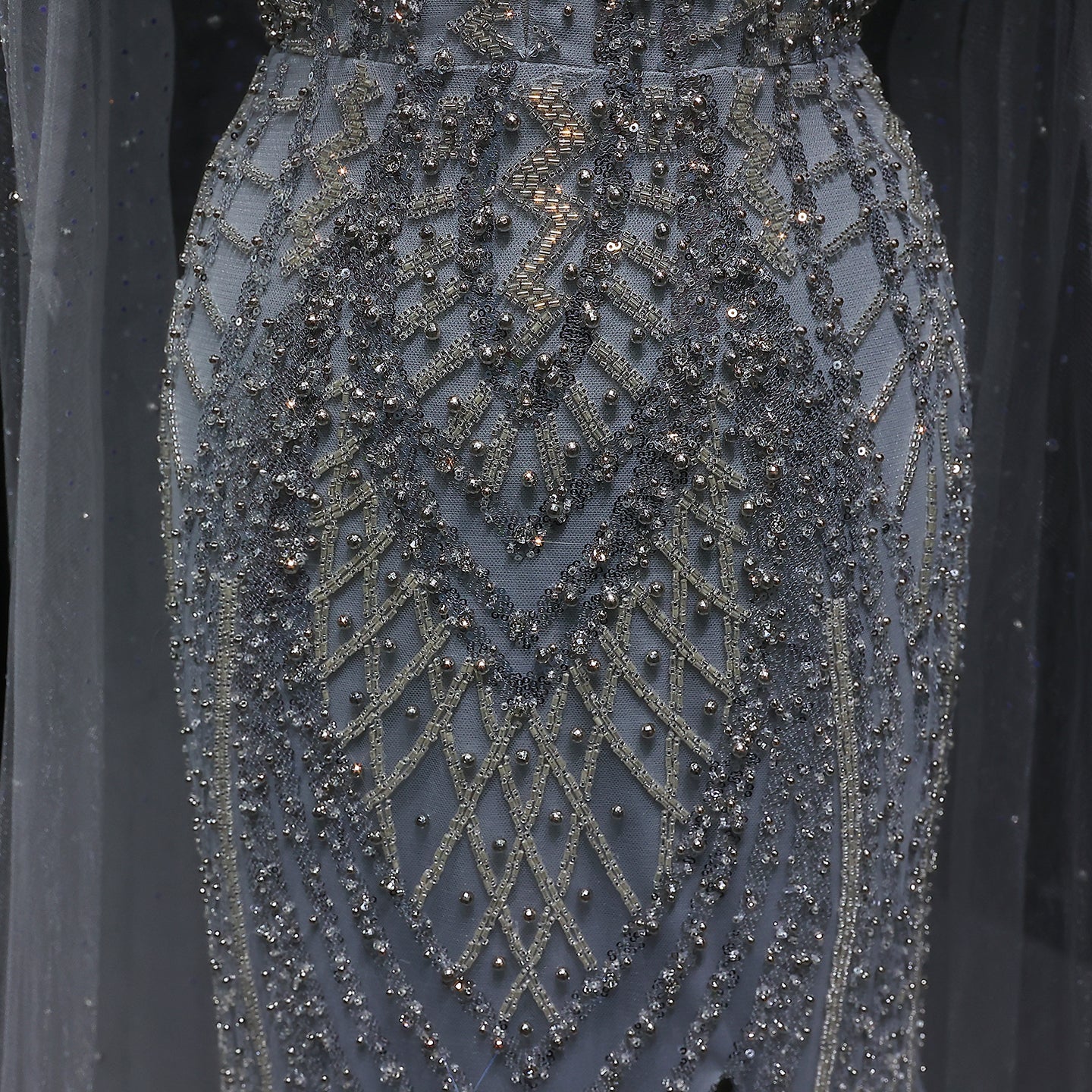 Glamorous Beaded Brown Evening Dress with Sheer Cape Side Slit SS055