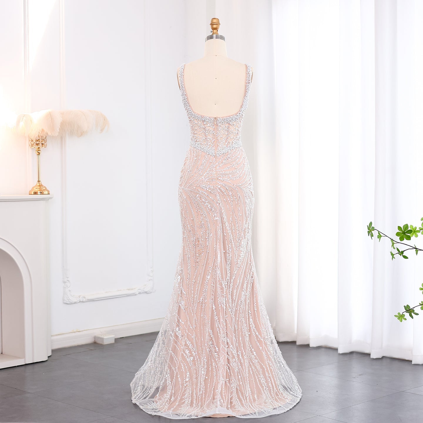 Elegant Mermaid White Nude Pearls Evening Dress SS706