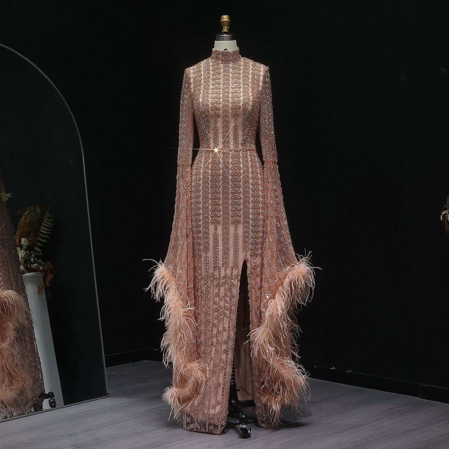 Luxury Rose Gold Evening Dress with Feathered Cape Sleeves SS788