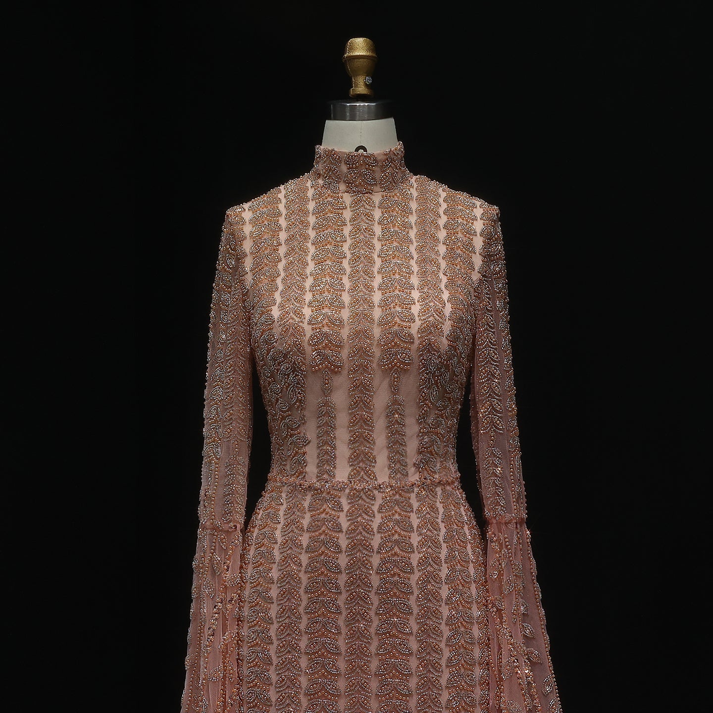 Luxury Rose Gold Evening Dress with Feathered Cape Sleeves SS788