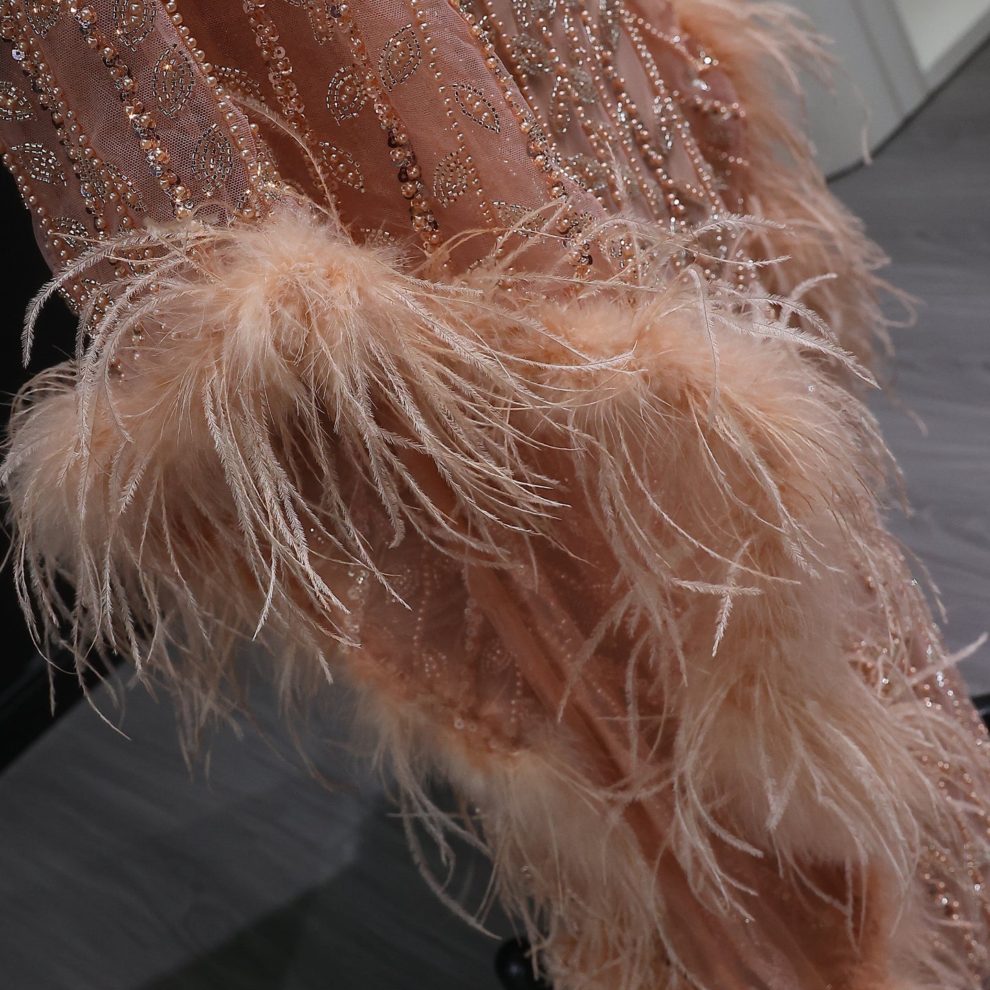 Luxury Rose Gold Evening Dress with Feathered Cape Sleeves SS788