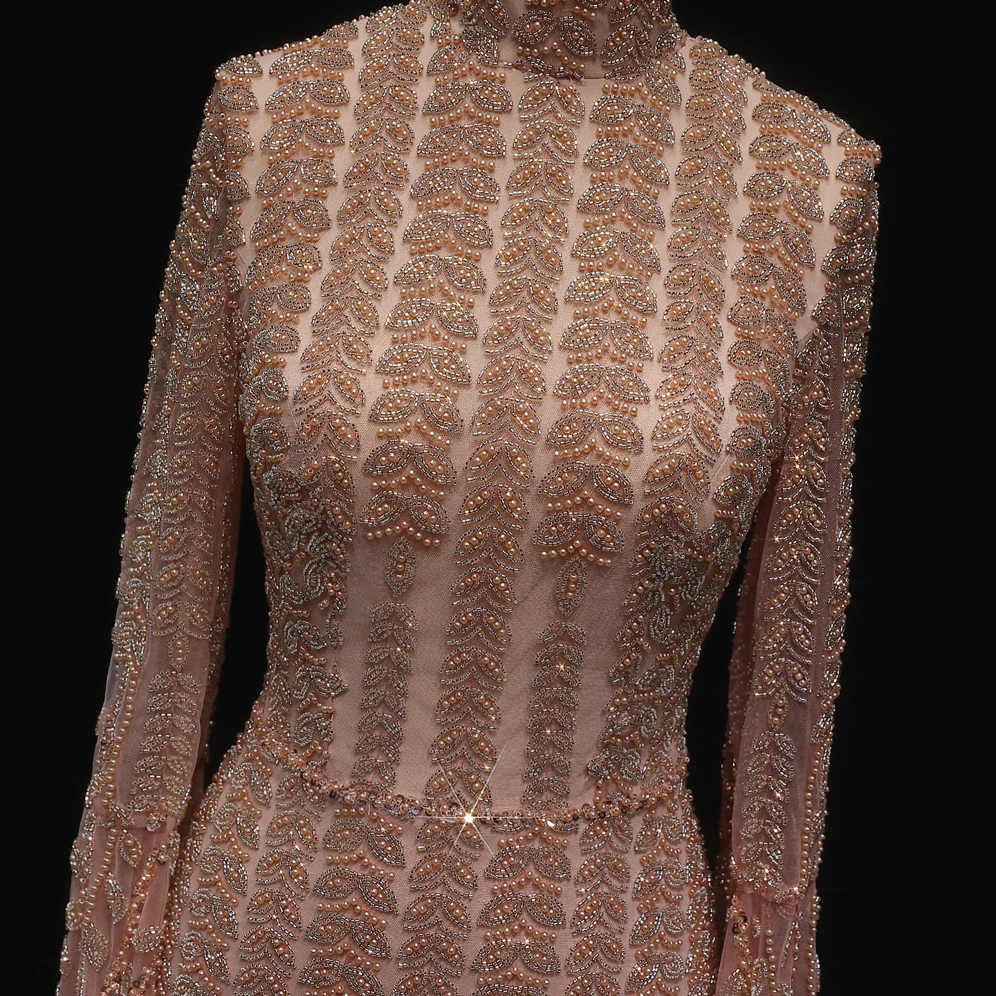 Luxury Rose Gold Evening Dress with Feathered Cape Sleeves SS788