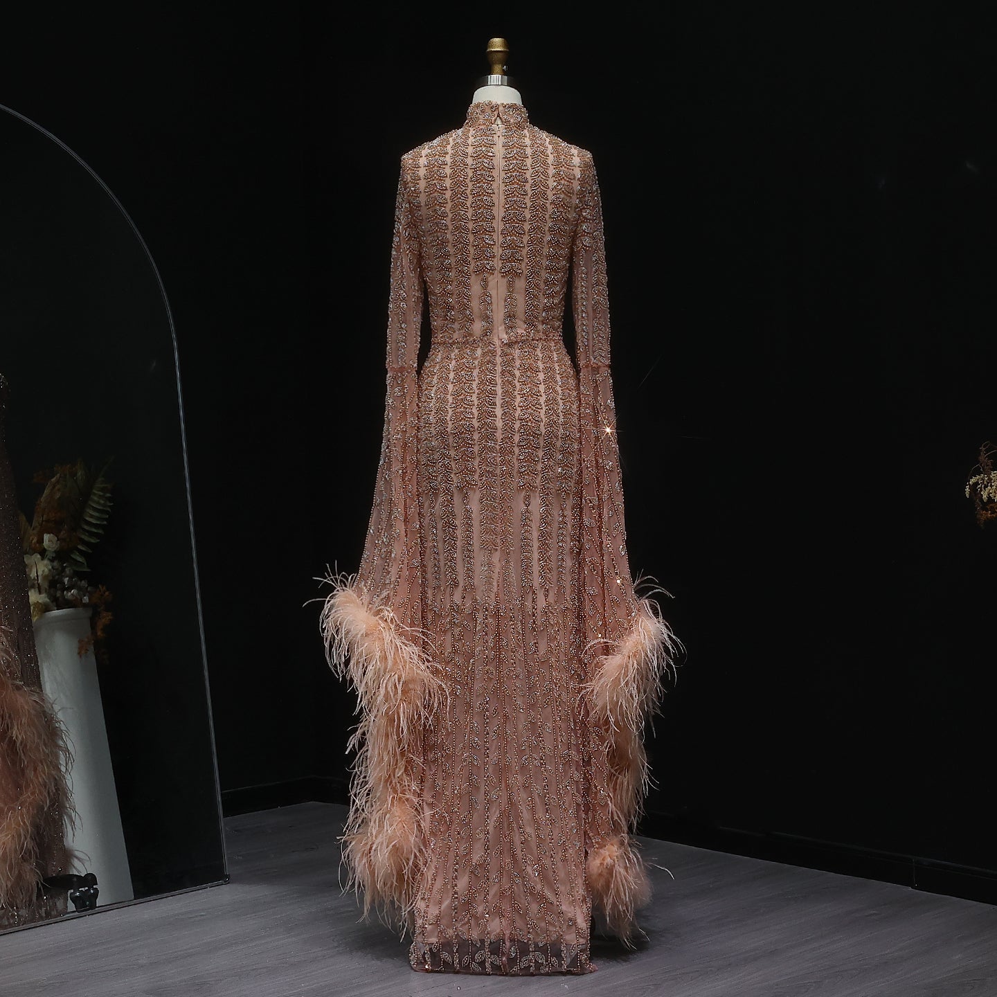 Luxury Rose Gold Evening Dress with Feathered Cape Sleeves SS788