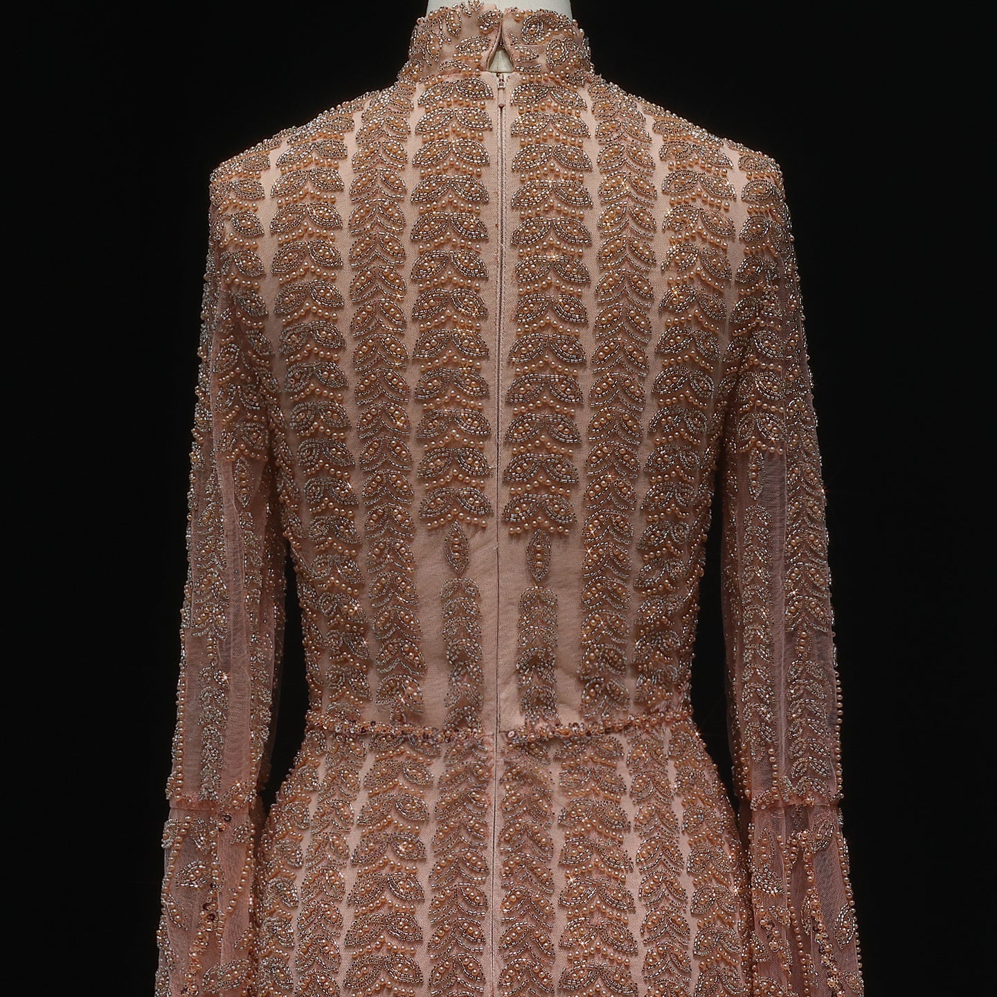 Luxury Rose Gold Evening Dress with Feathered Cape Sleeves SS788