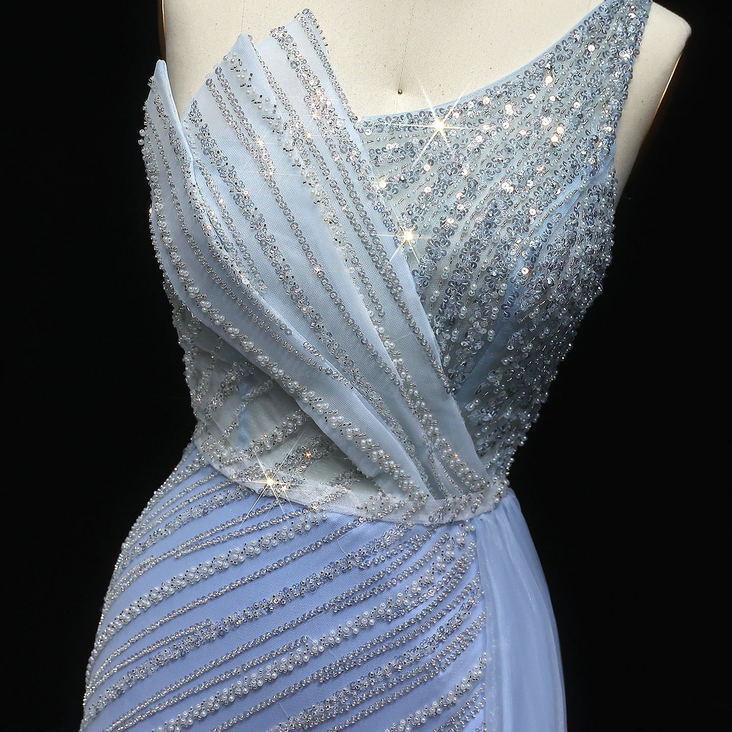 Stunning Blue One Shoulder Evening Dress with Side Slit Overskirt SS056