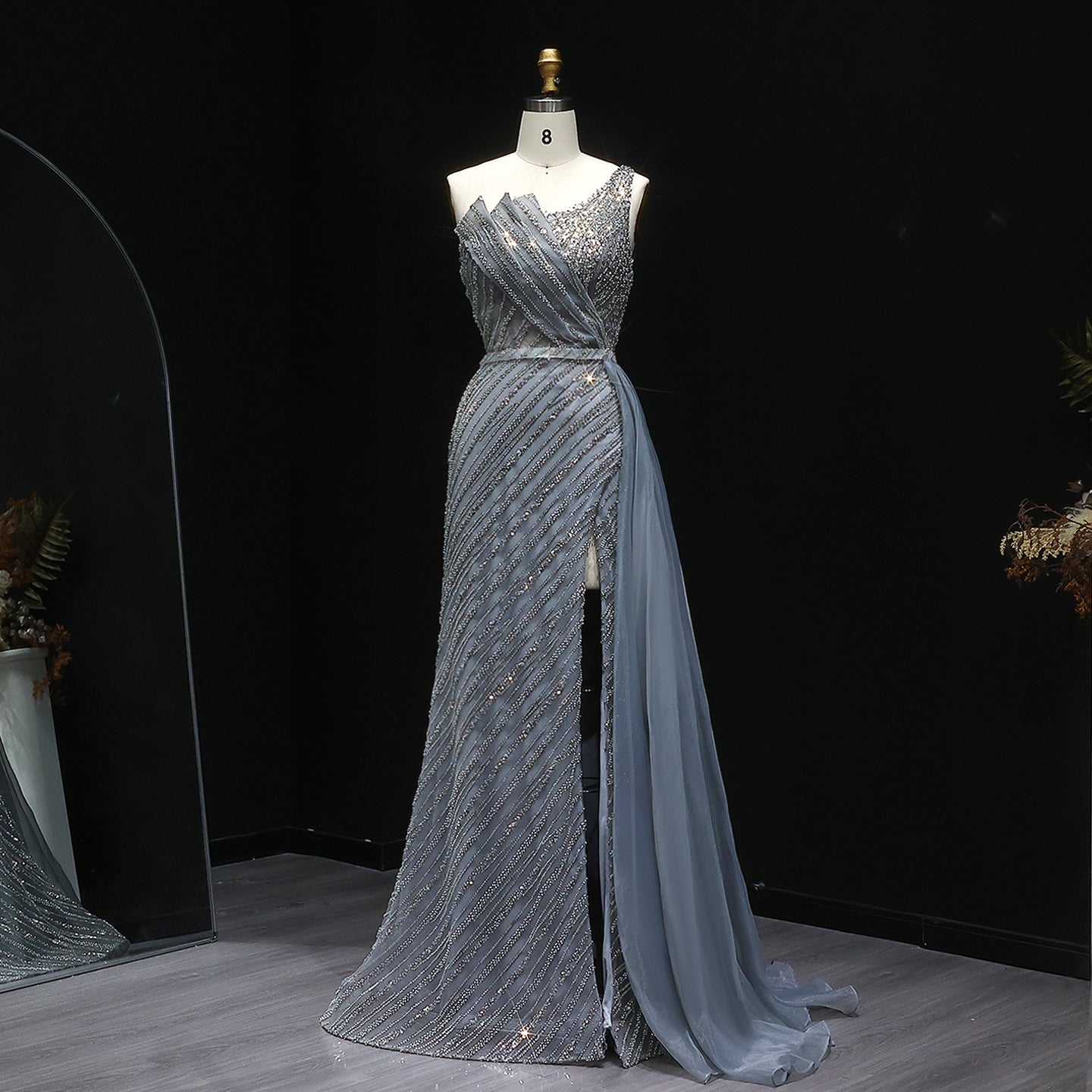 Stunning Blue One Shoulder Evening Dress with Side Slit Overskirt SS056  Gray / US 20