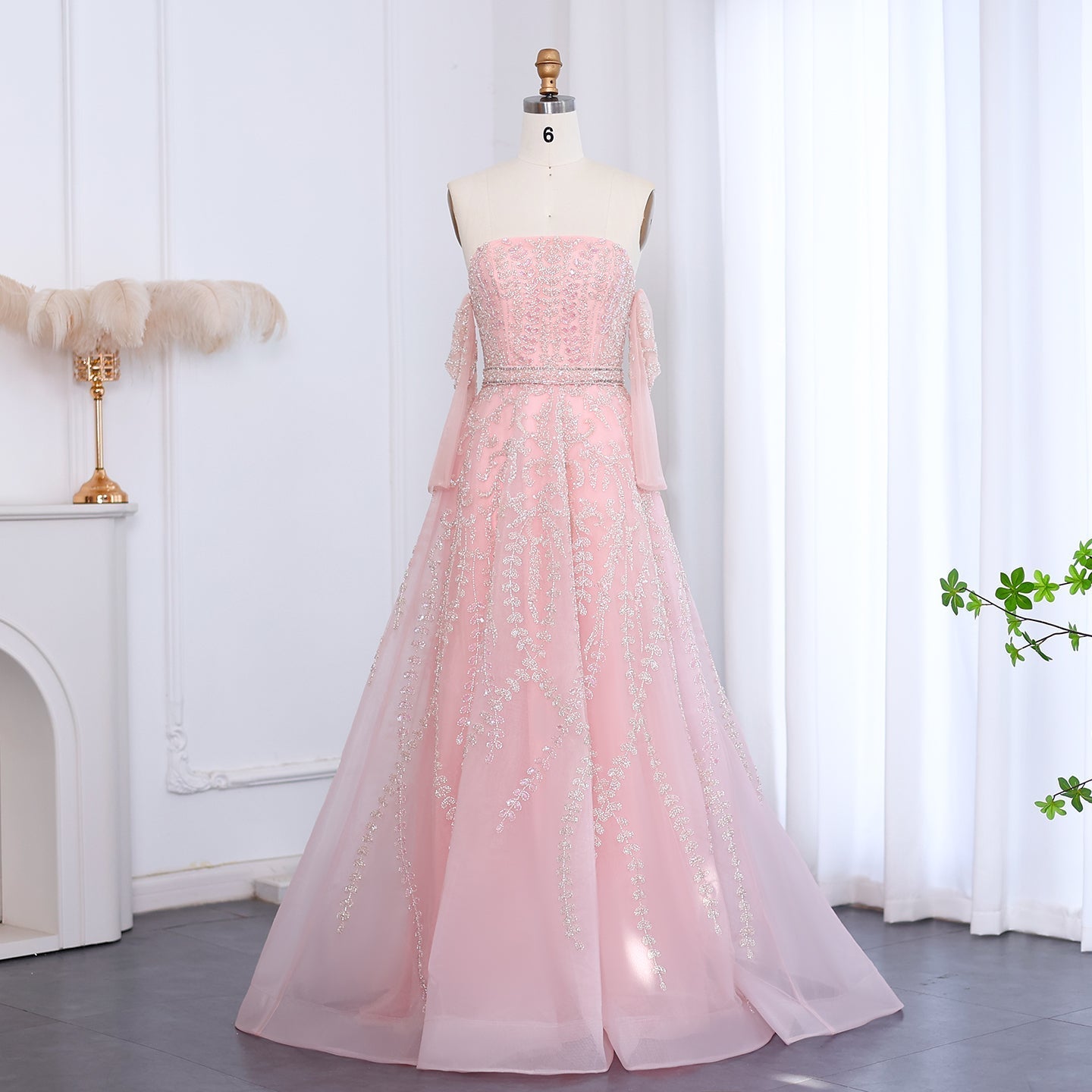 Luxury Beaded Lilac Strapless Evening Dress with Sleeves SS462  Pink / US 16