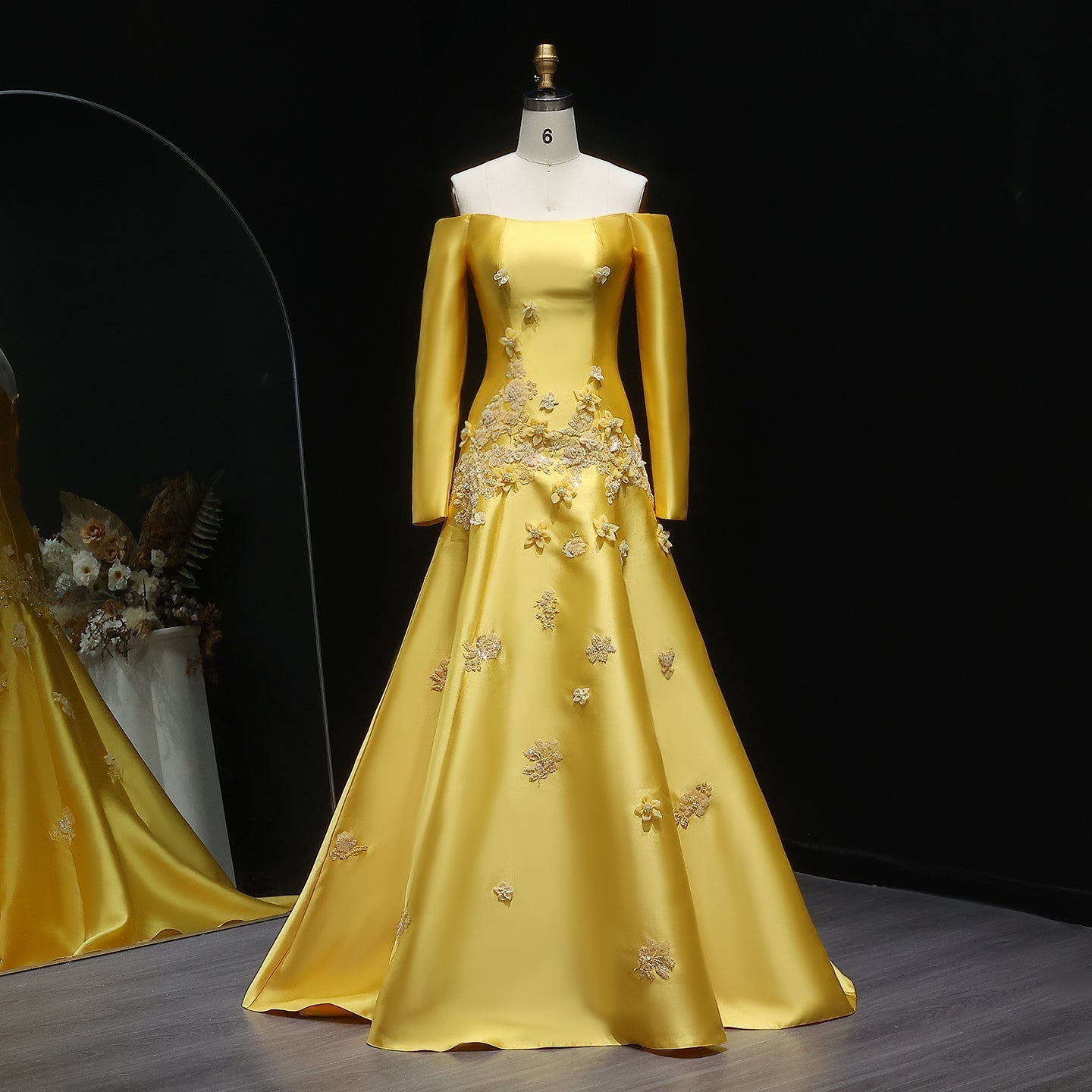 Elegant Off Shoulder Yellow 3D Flowers Evening Dress SS537