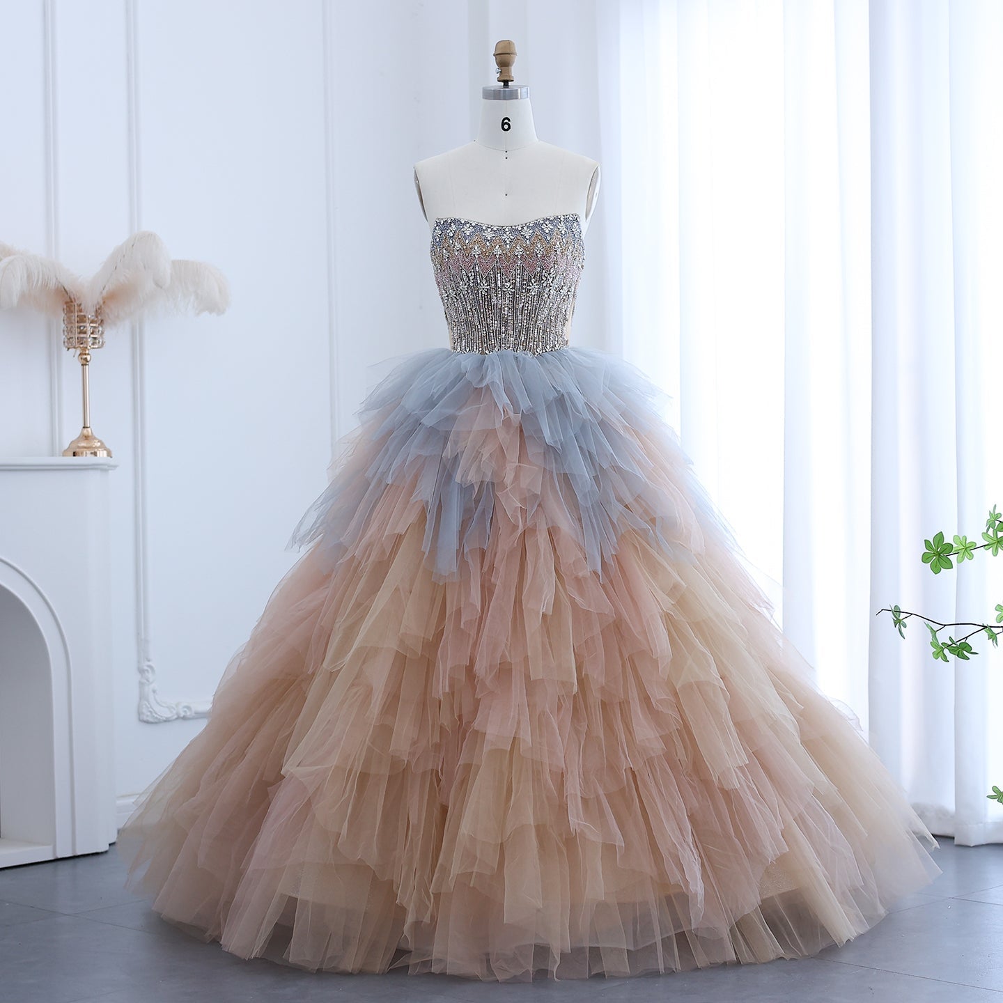 Luxury Rose Gold Ruffles Ball Gown Evening Dress SS731  Rose Gold / US 18