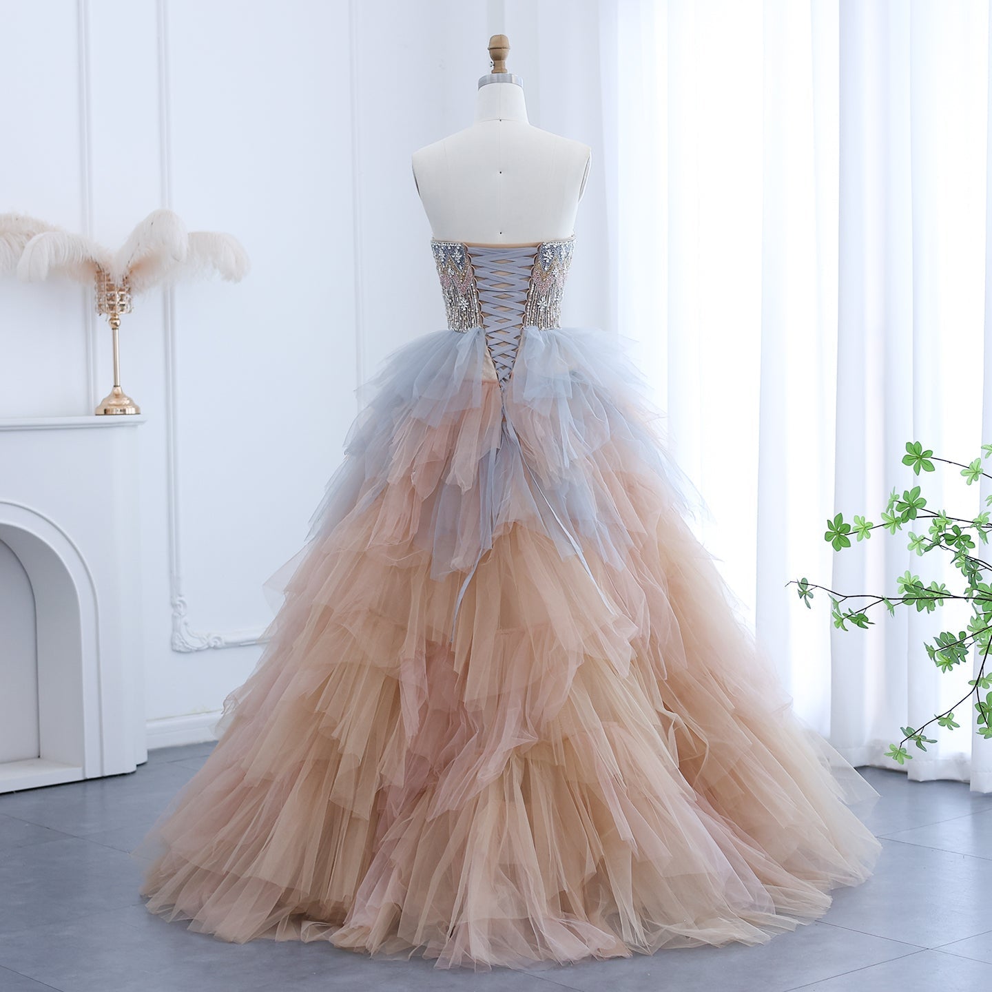 Luxury Rose Gold Ruffles Ball Gown Evening Dress SS731