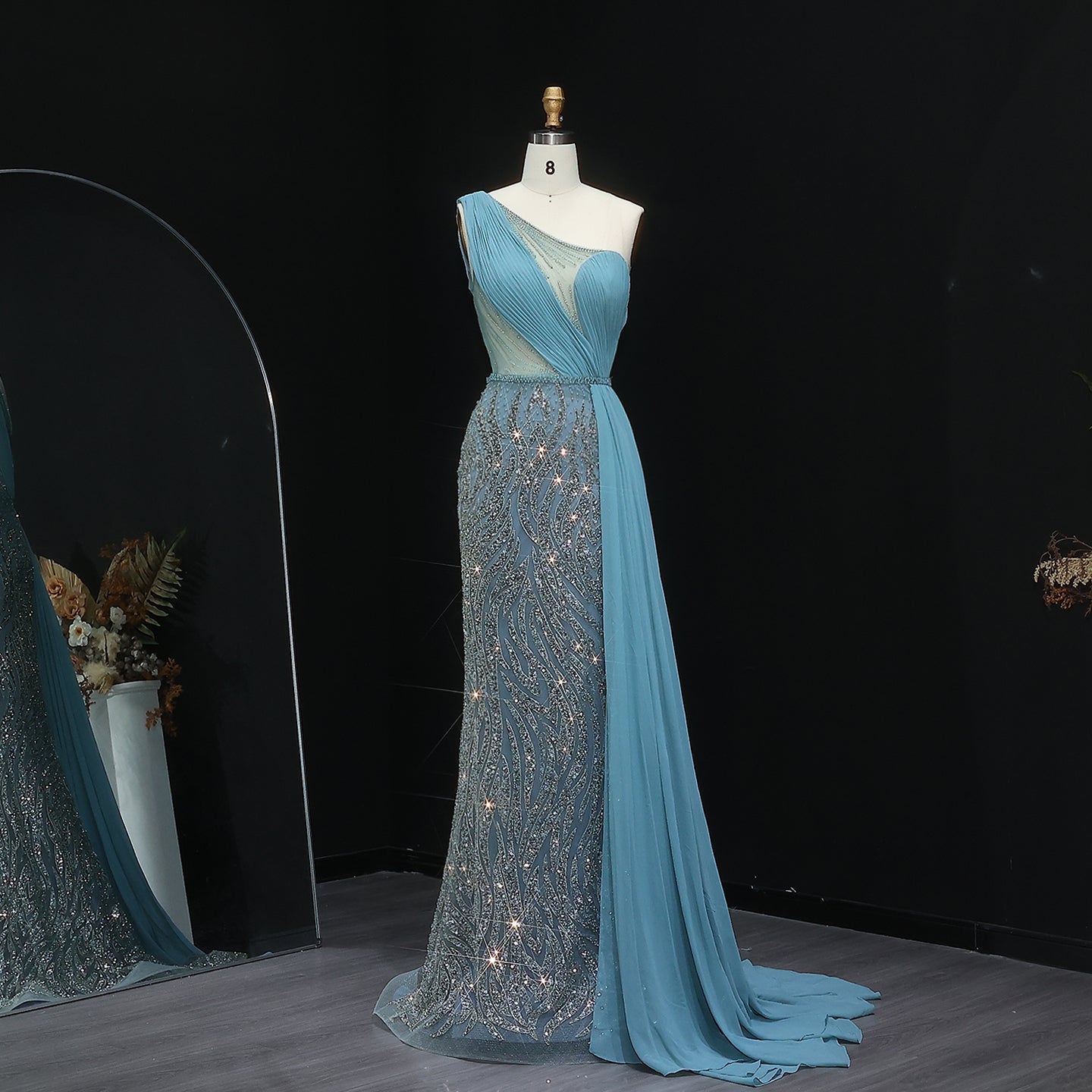 Elegant One Shoulder Turquoise Evening Dress with Overskirt SS007  Turquoise / US 18