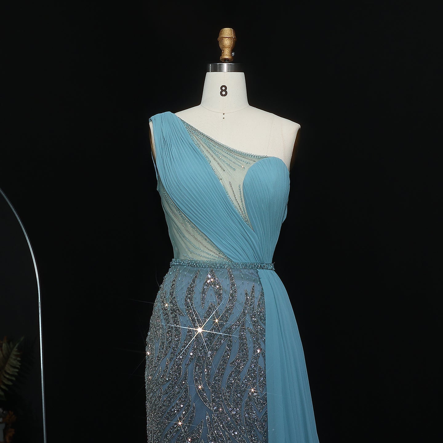 Elegant One Shoulder Turquoise Evening Dress with Overskirt SS007