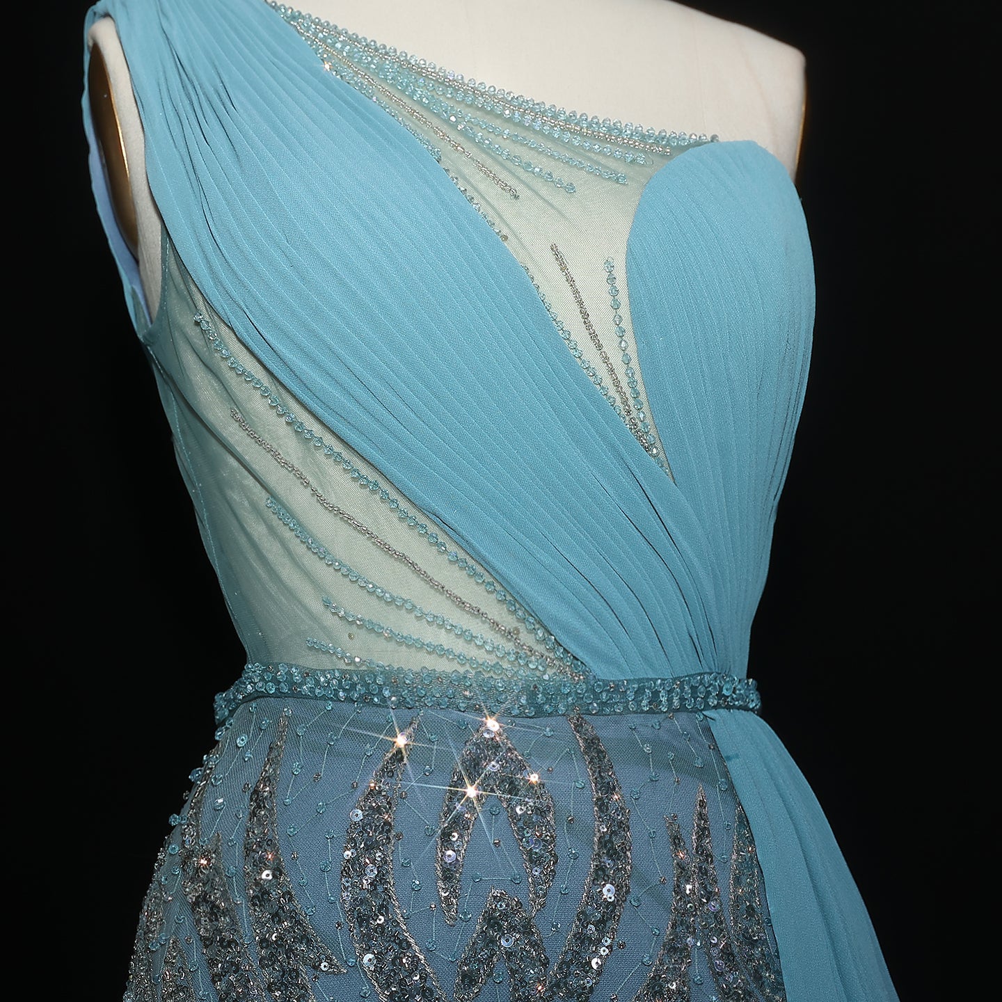 Elegant One Shoulder Turquoise Evening Dress with Overskirt SS007