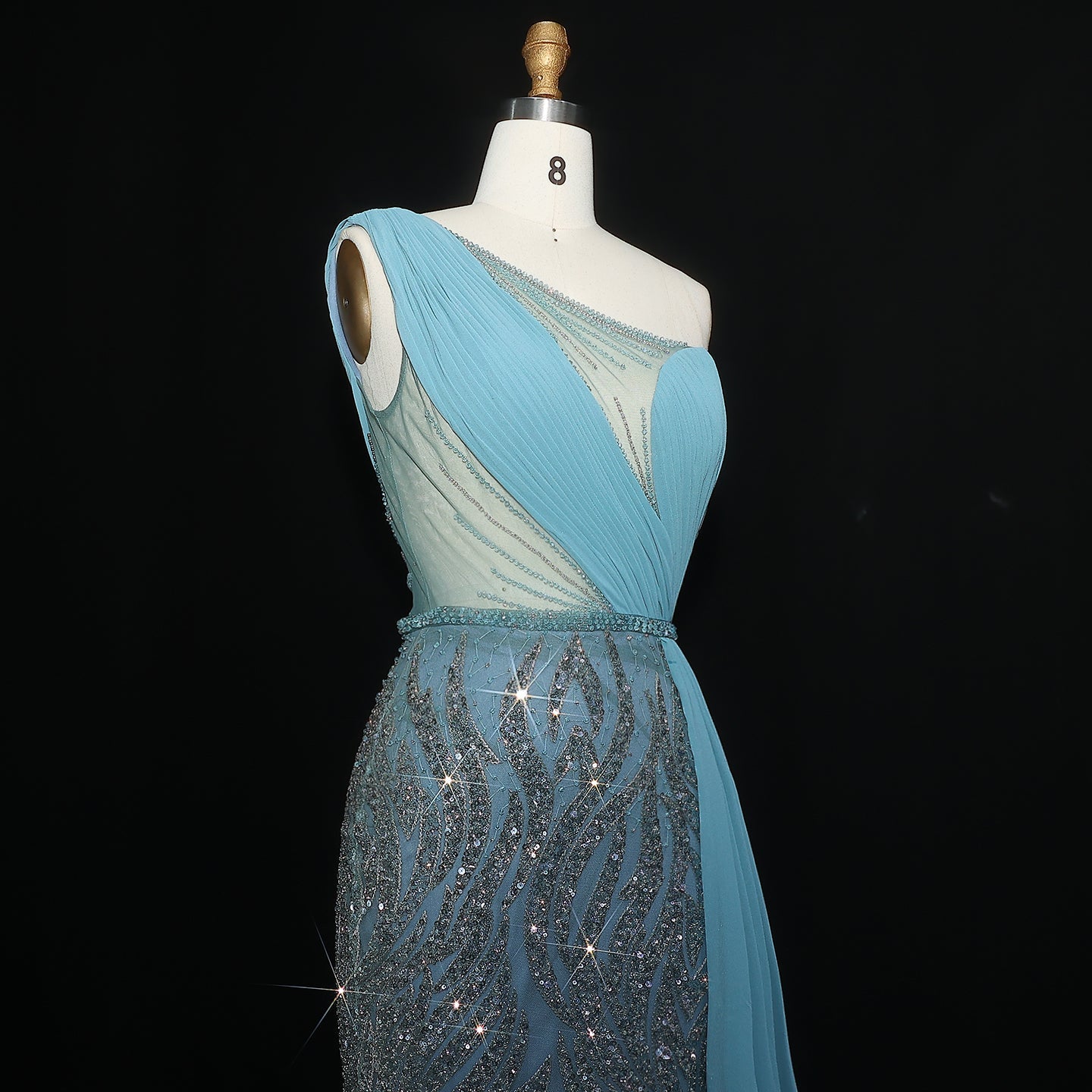 Elegant One Shoulder Turquoise Evening Dress with Overskirt SS007