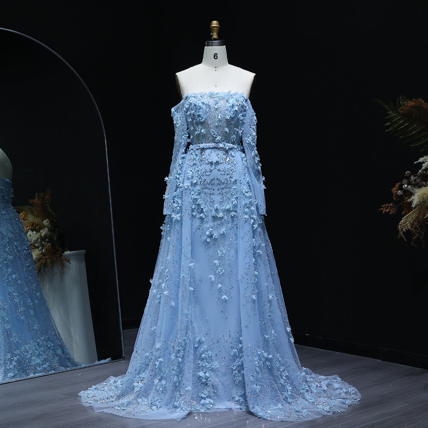 Elegant 3D Flowers Pink Evening Dress with Overskirt SS352  Blue / US 20