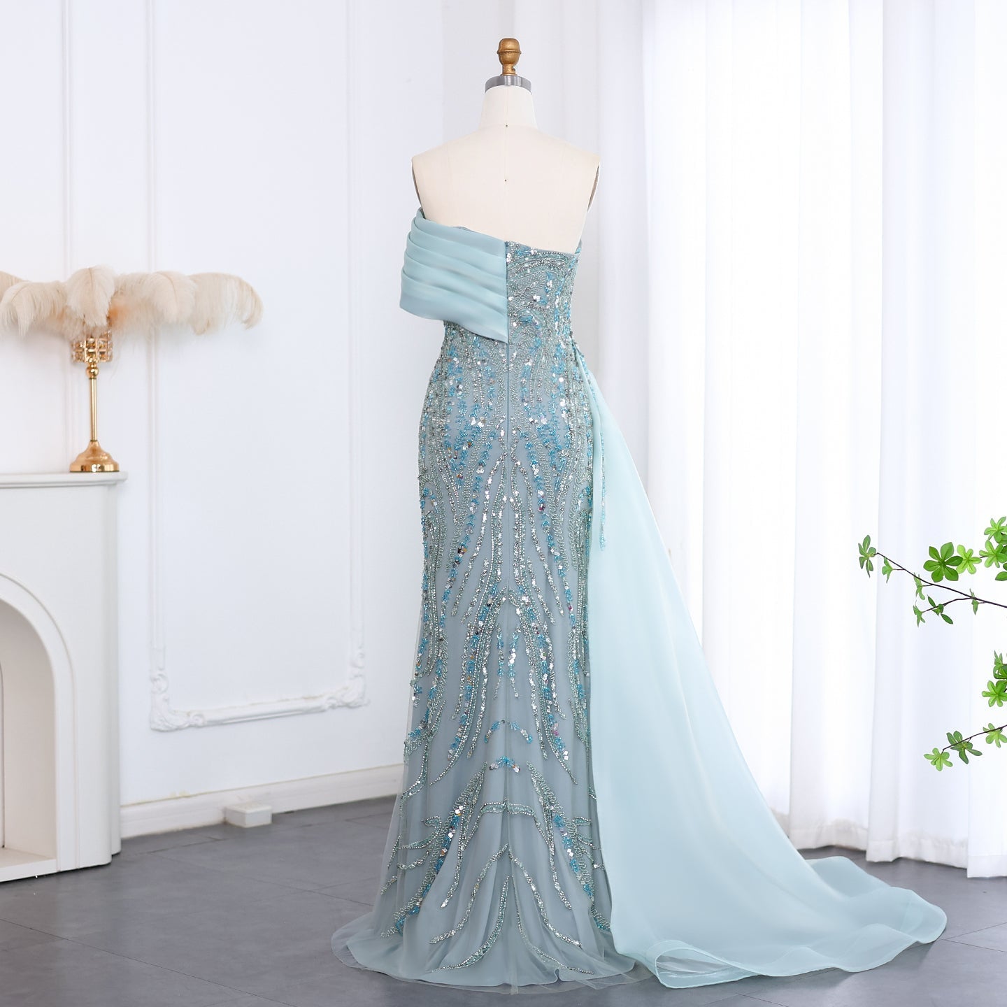 Luxury Turquoise One Shoulder Evening Dress with Overskirt SS572