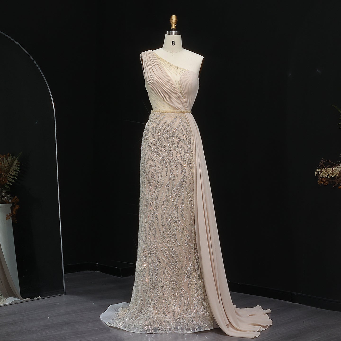 Elegant One Shoulder Turquoise Evening Dress with Overskirt SS007  Beige / US 18