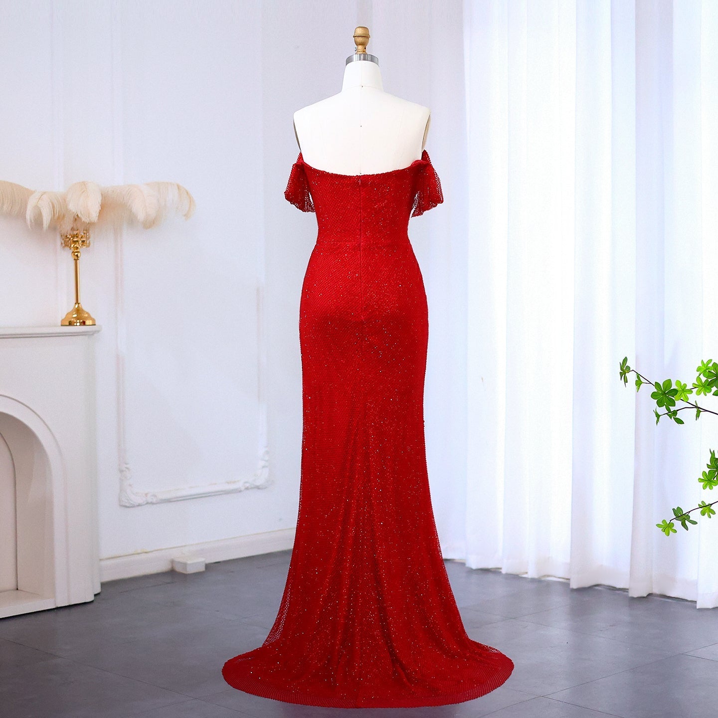 Elegant Red Off Shoulder Evening Dress with Side Slit SF163