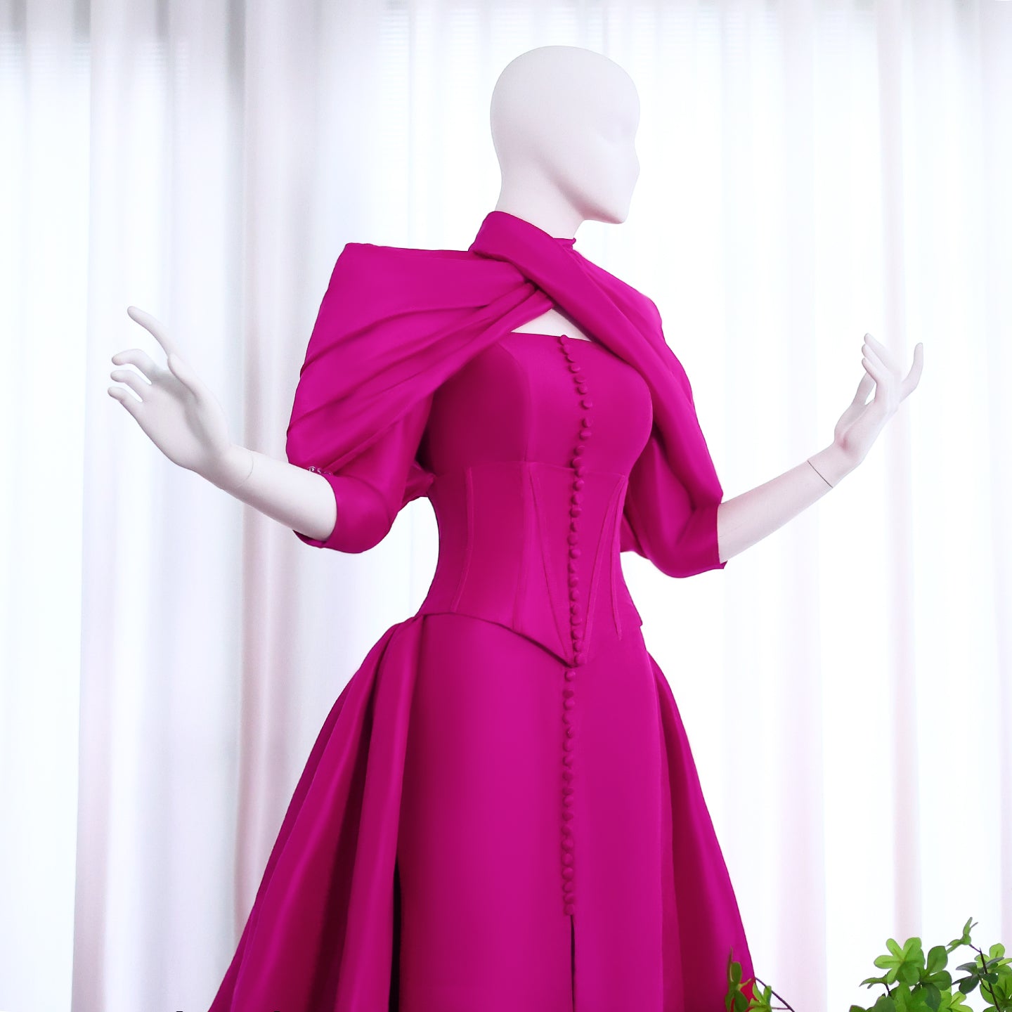 Fuchsia Mermaid Evening Dress with Overskirt Corset Long Sleeves SF030