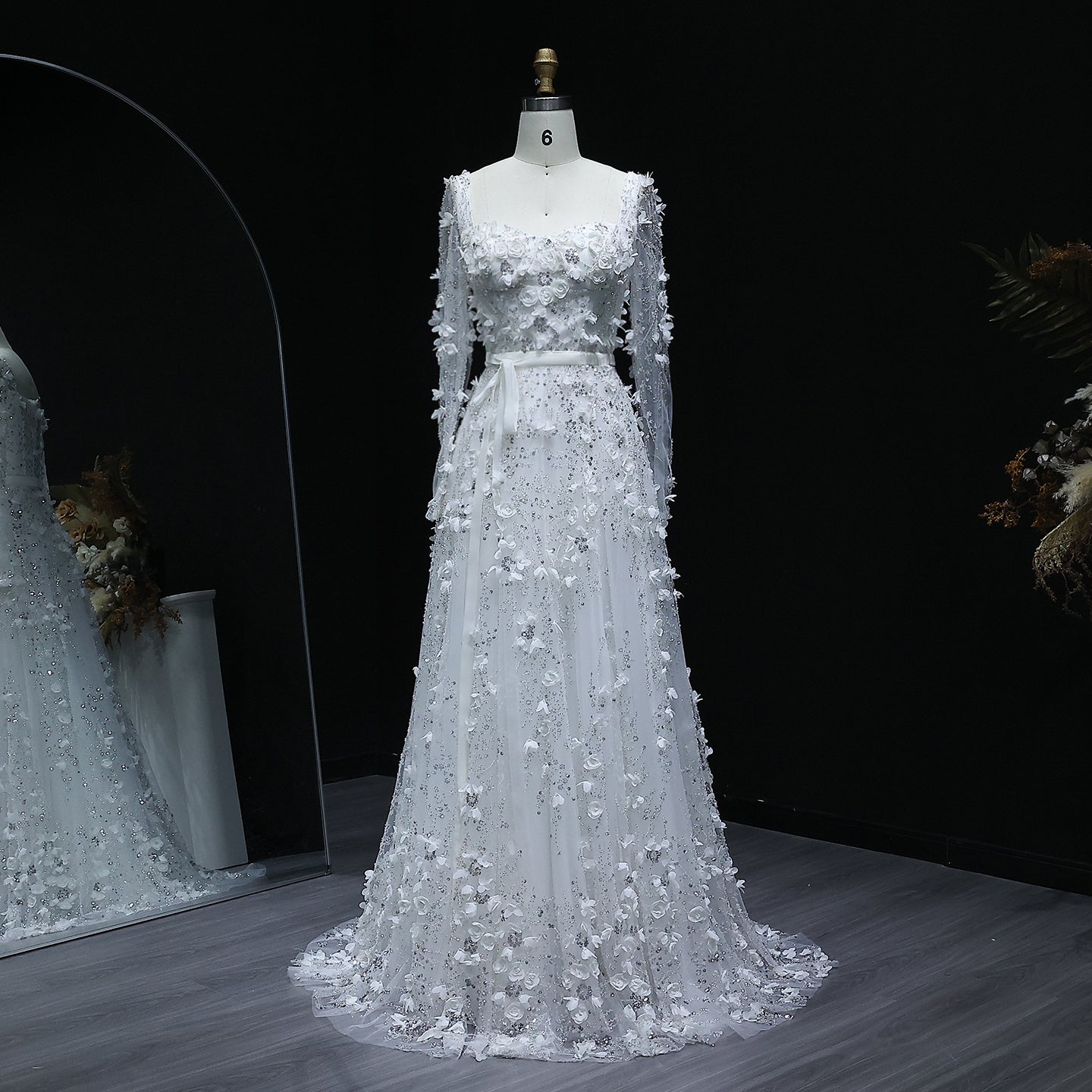 Luxury 3D Flower Gray Long Sleeves Evening Dress SS353  White / US 20