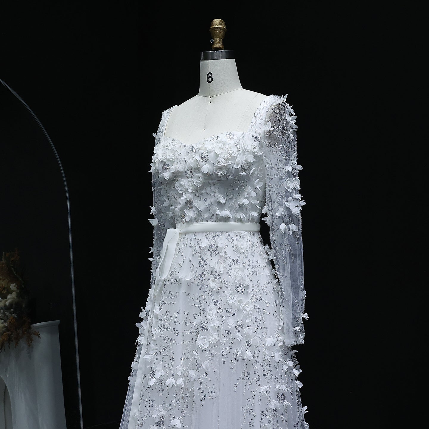 Luxury 3D Flower Gray Long Sleeves Evening Dress SS353