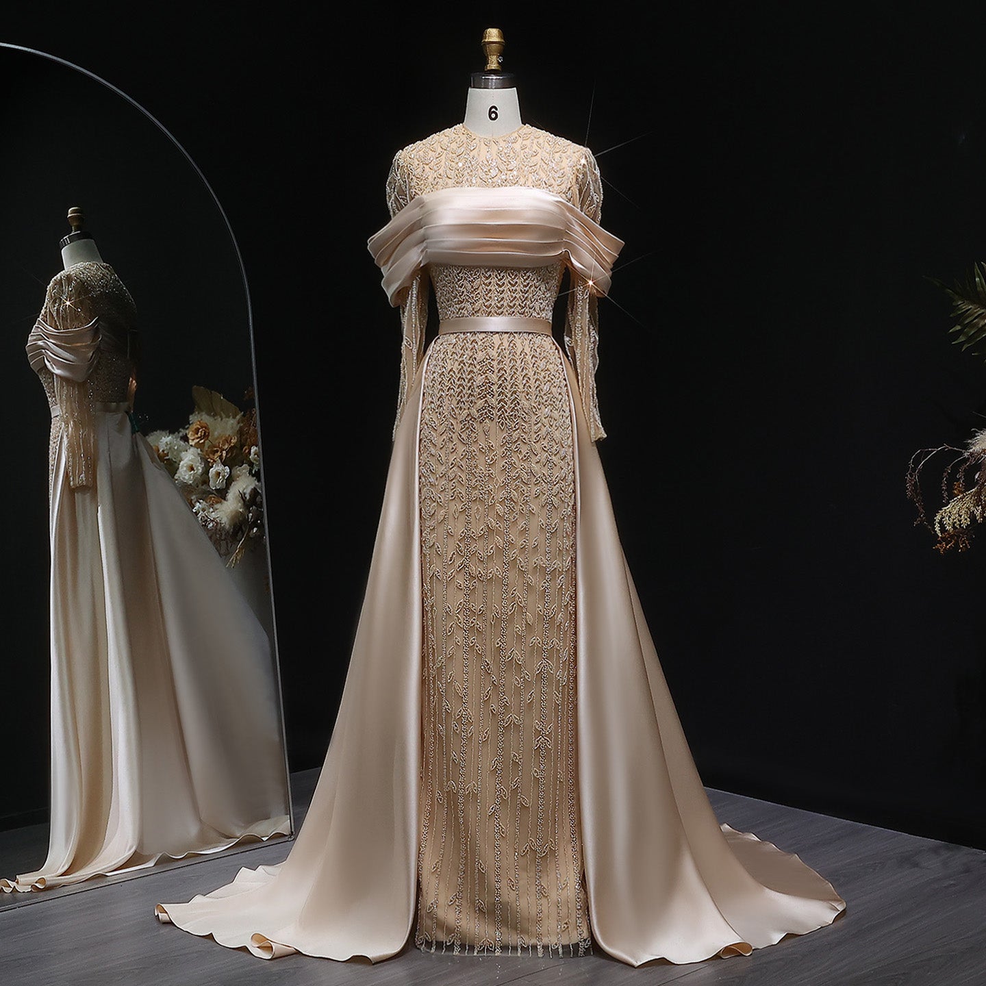 Elegant Arabic Champagne Beaded Evening Dress with Overskirt SS253