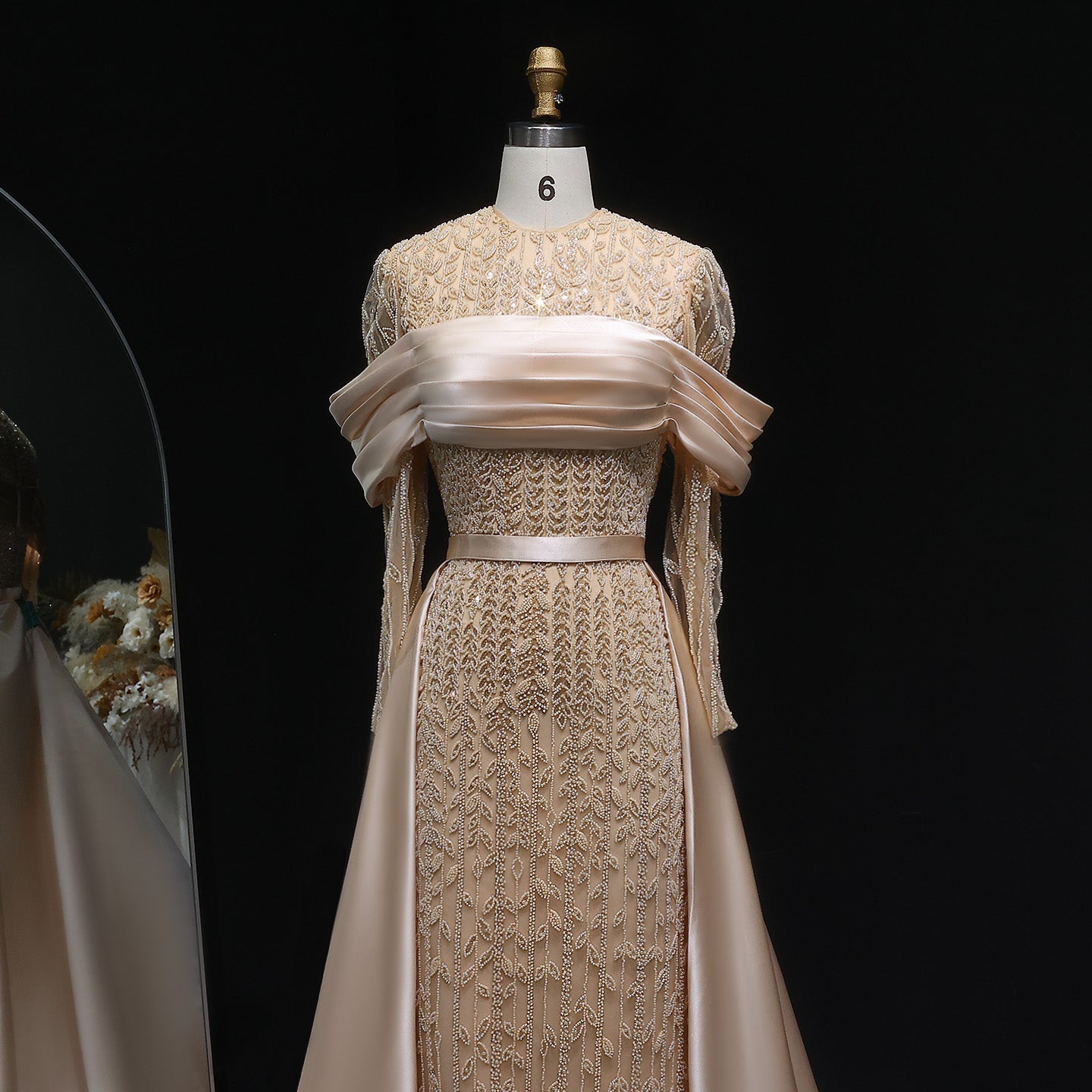 Elegant Arabic Champagne Beaded Evening Dress with Overskirt SS253