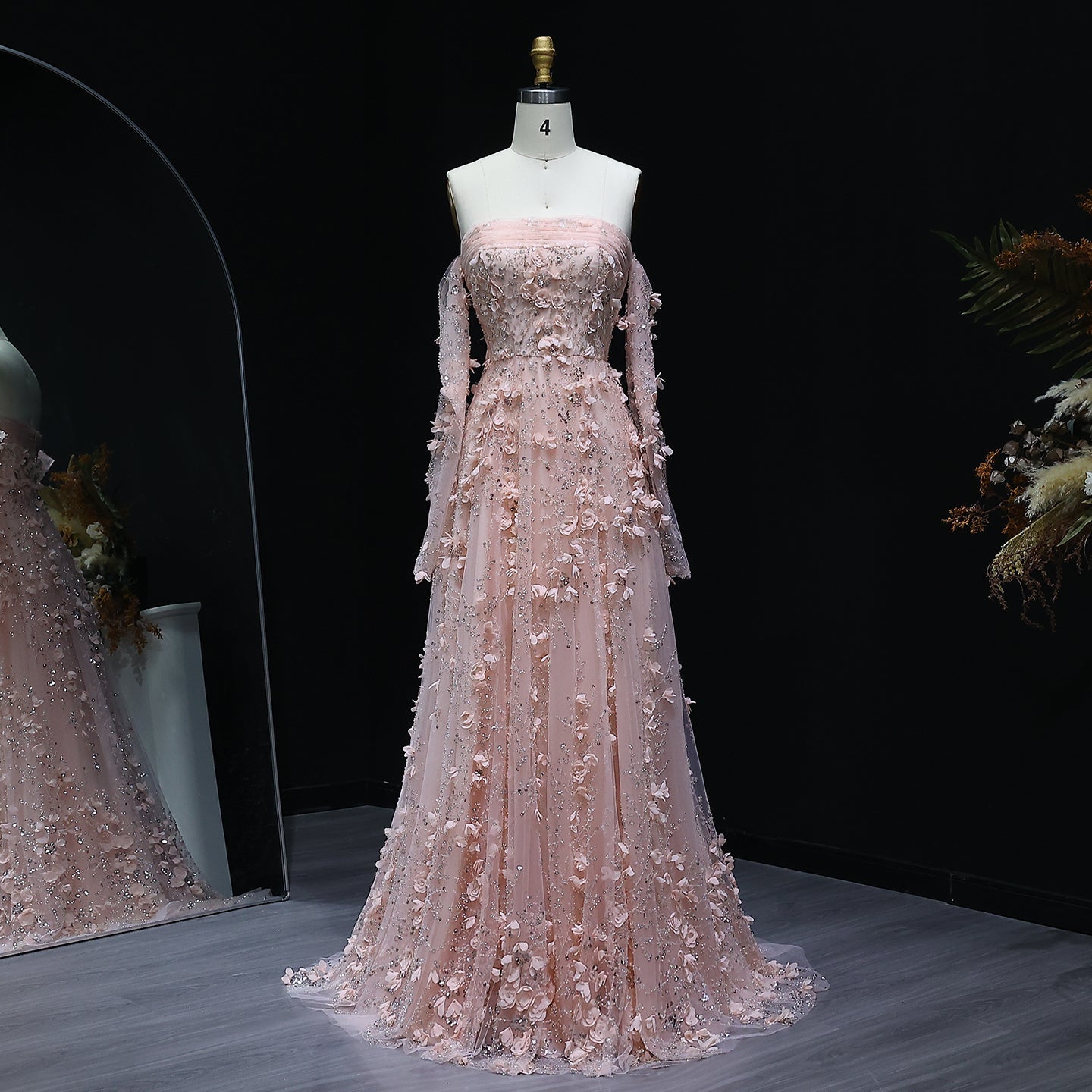 Elegant Pink 3D Flowers Evening Dress with Long Sleeves SS344  Pink / US 20