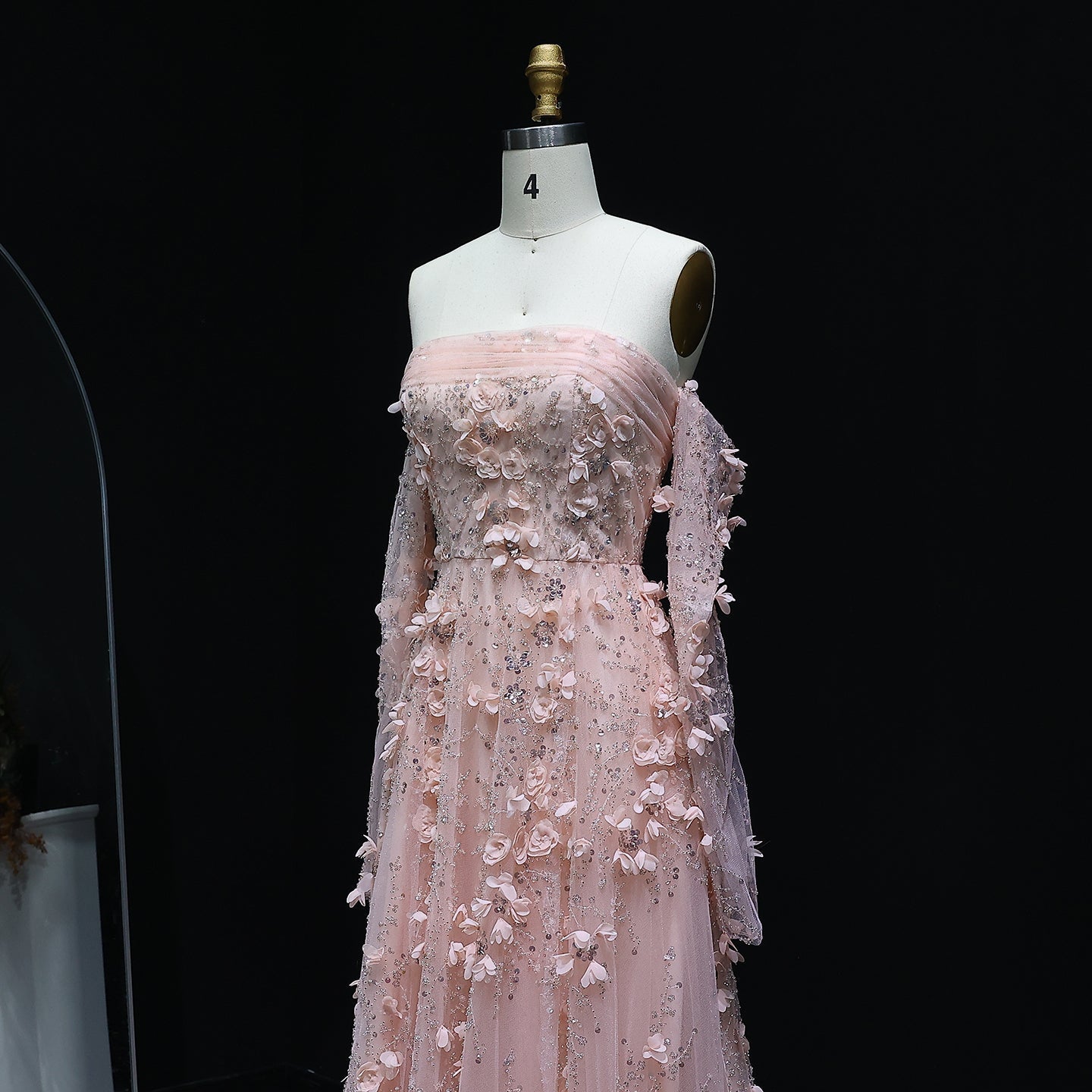 Elegant Pink 3D Flowers Evening Dress with Long Sleeves SS344