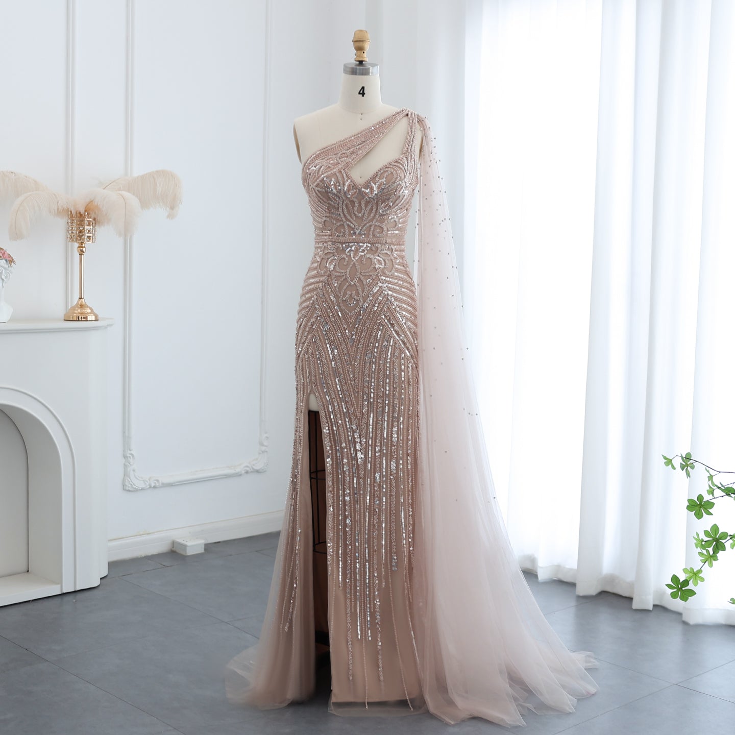 Luxury Blue One Shoulder Evening Dress with Cape Sleeve SS175  Nude / US 18