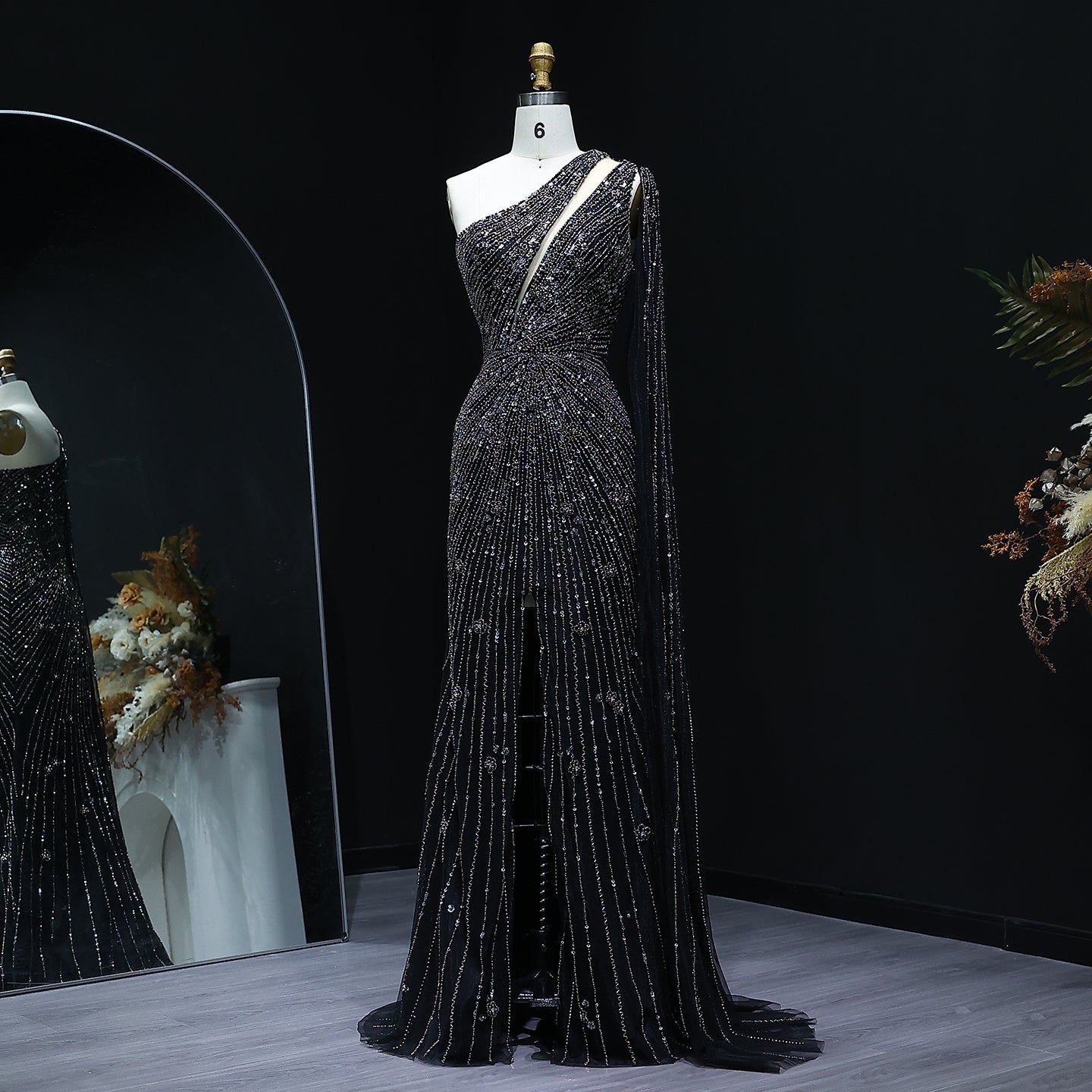 Elegant One Shoulder Beaded Black Evening Dress SS317  Black / US 16