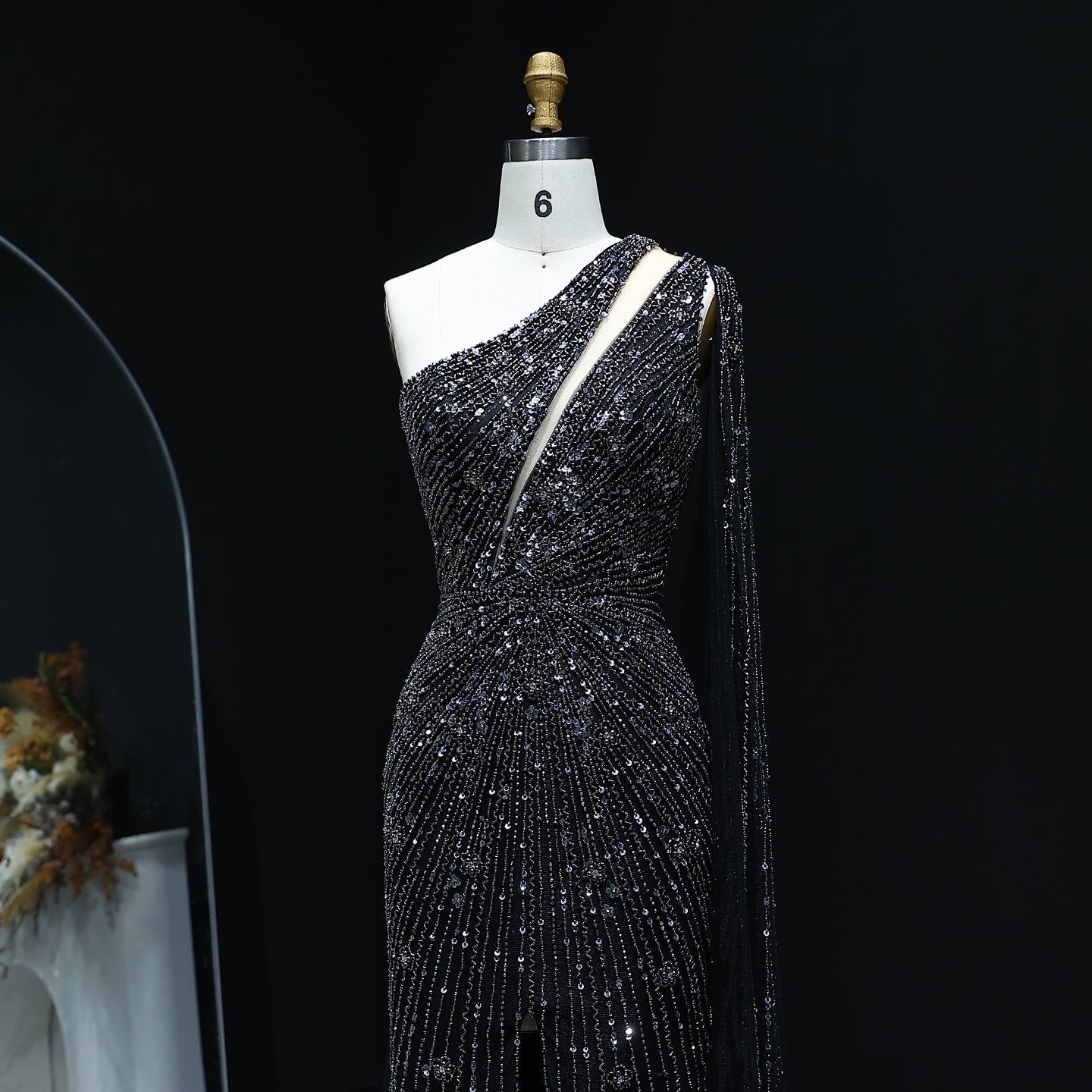 Elegant One Shoulder Beaded Black Evening Dress SS317
