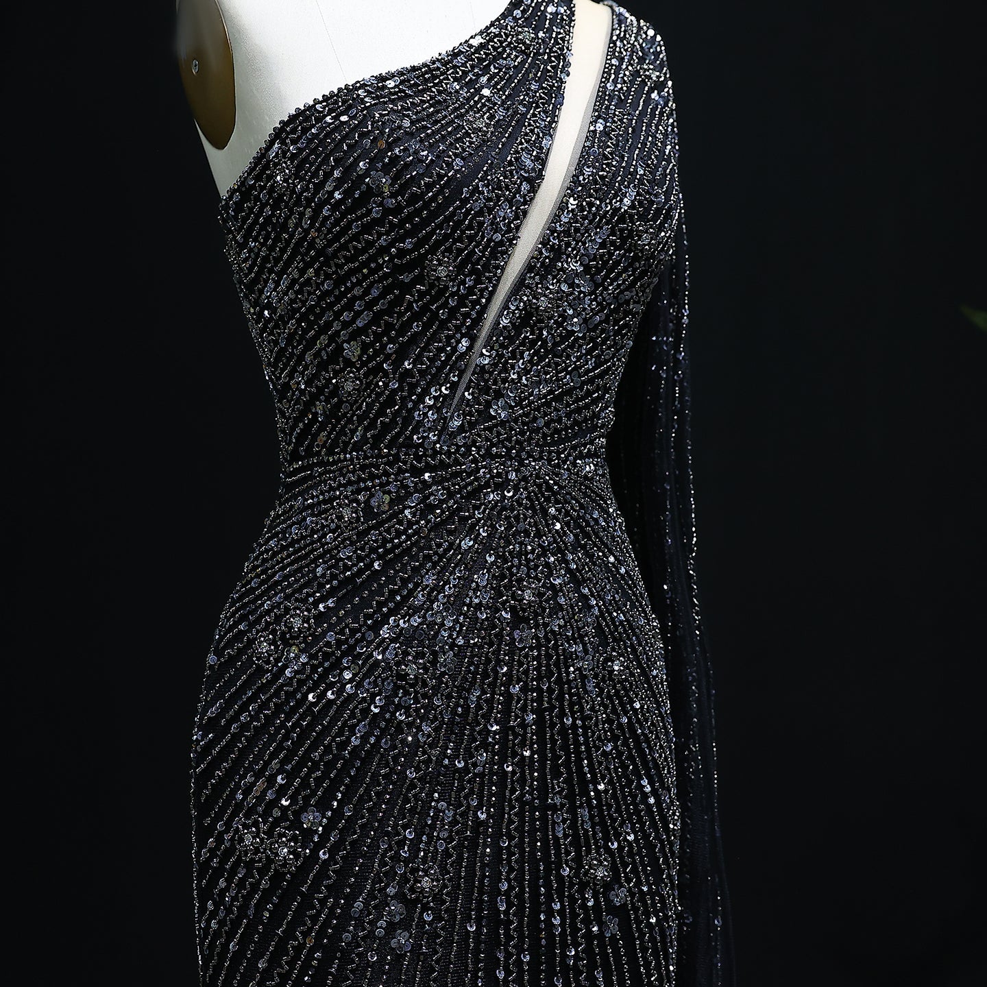 Elegant One Shoulder Beaded Black Evening Dress SS317